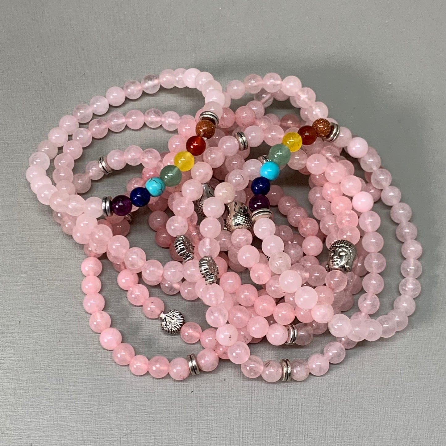 BEST WHOLESALE (12 PACK) Assorted Beaded Rose Quartz/Rainbow Crystal Bracelets 3"