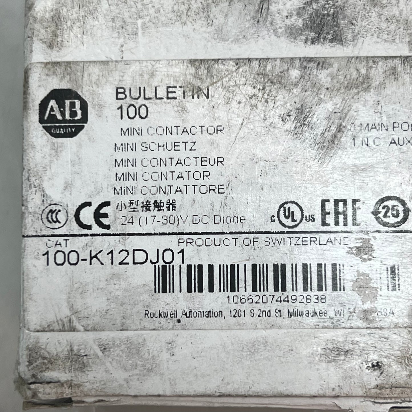 ALLEN BRADLEY Mini Contactor 12 Amp IEC 24 VDC 3 Pole 18-12 AWG 100-K12DJ01