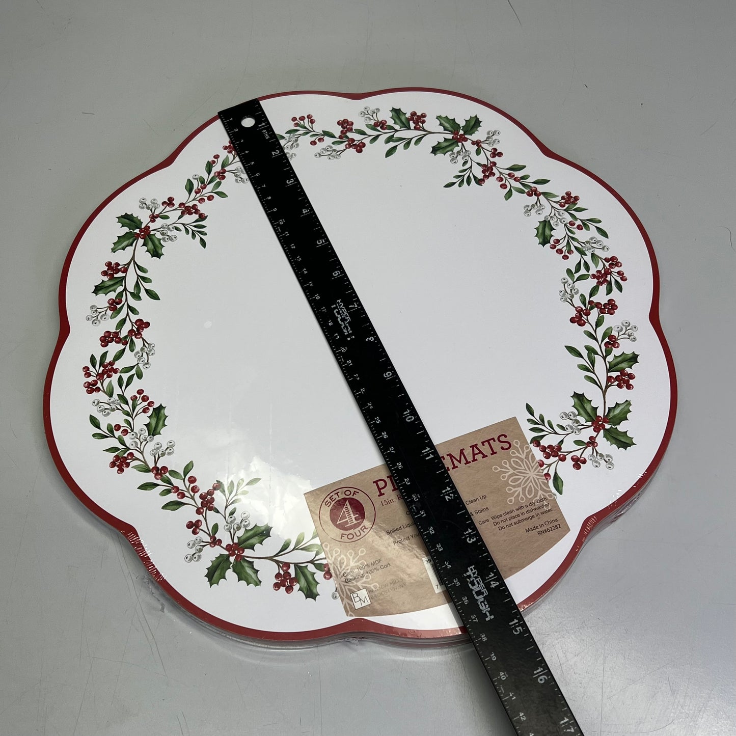 ZA@ BENSON MILLS (SET OF 4) Holly Wreath Scalloped Cork Backed  15" Red/White/Green