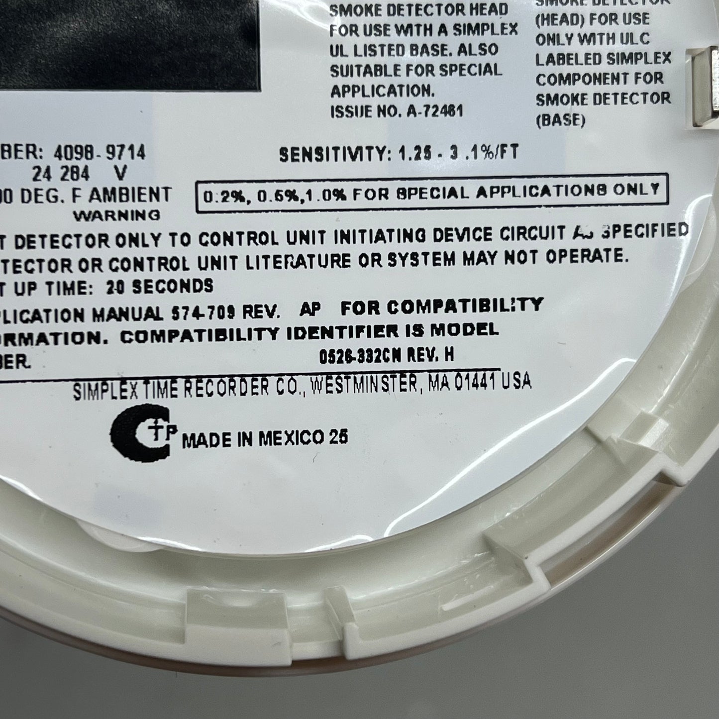 SIMPLEX Plug-In TrueAlarm Addressable Photoelectric Smoke Sensor 4098-9714