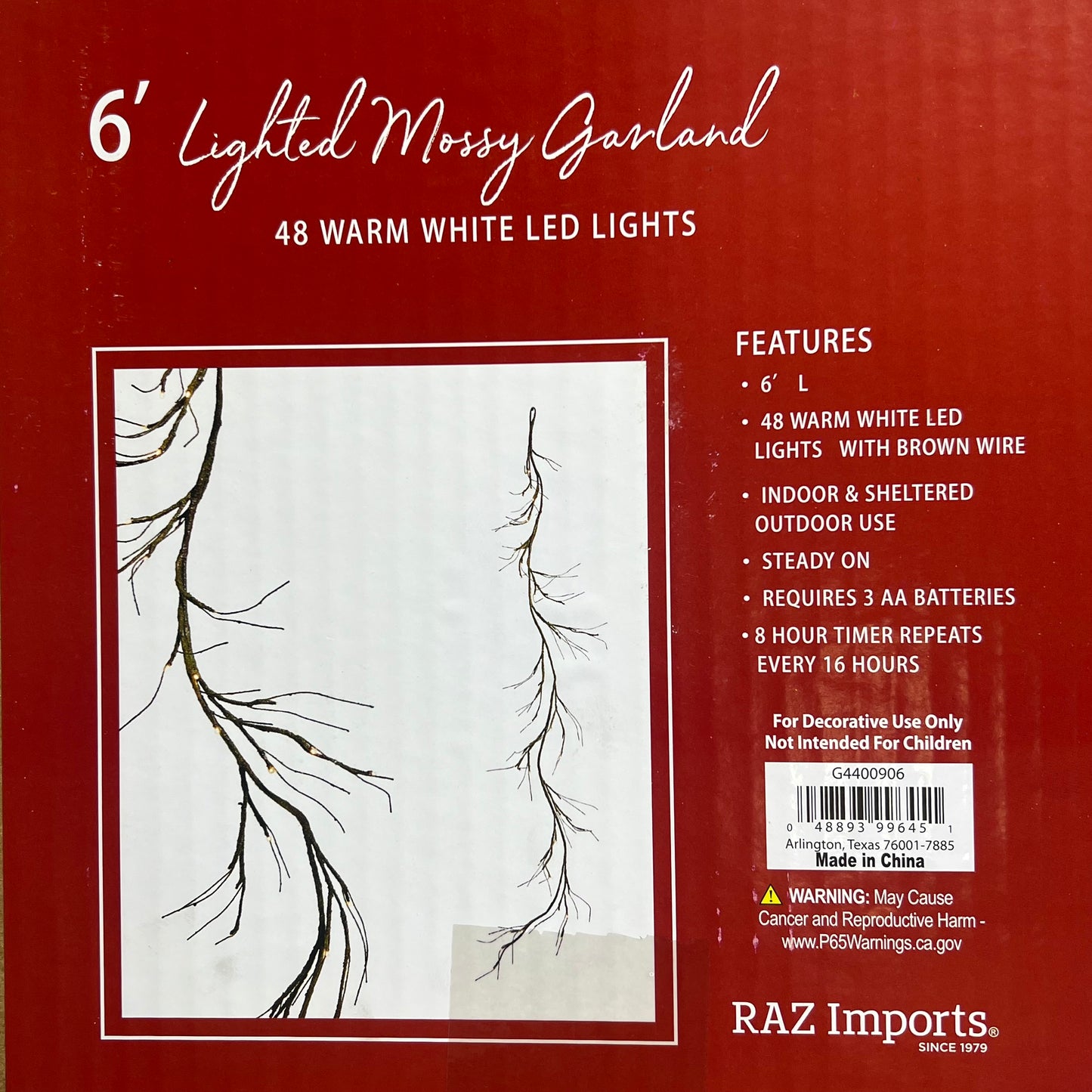 RAZ IMPORTS Lighted Mossy Garland Decoration W/ 48 White Lights 6' G4400906