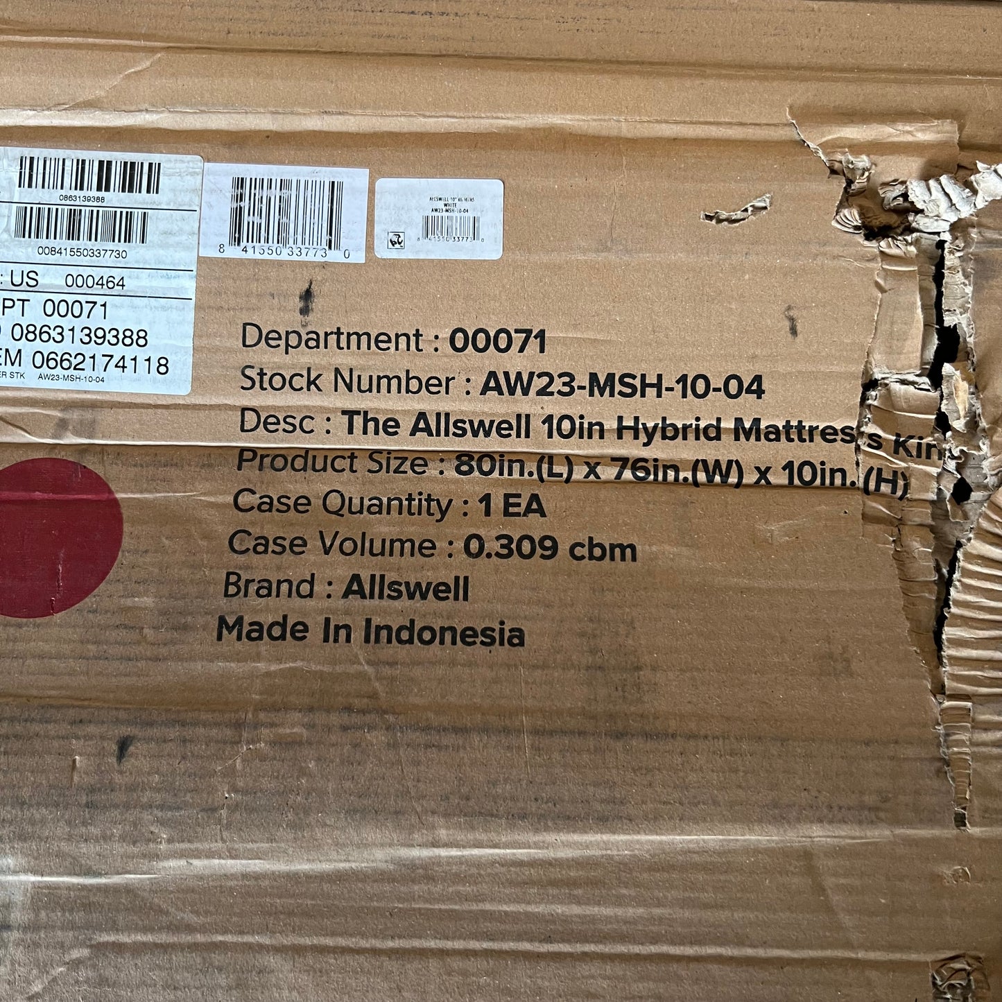 ALLSWELL Hybrid Mattress Sz King AW23-MSH-10-04 (New Other, Distressed Box)