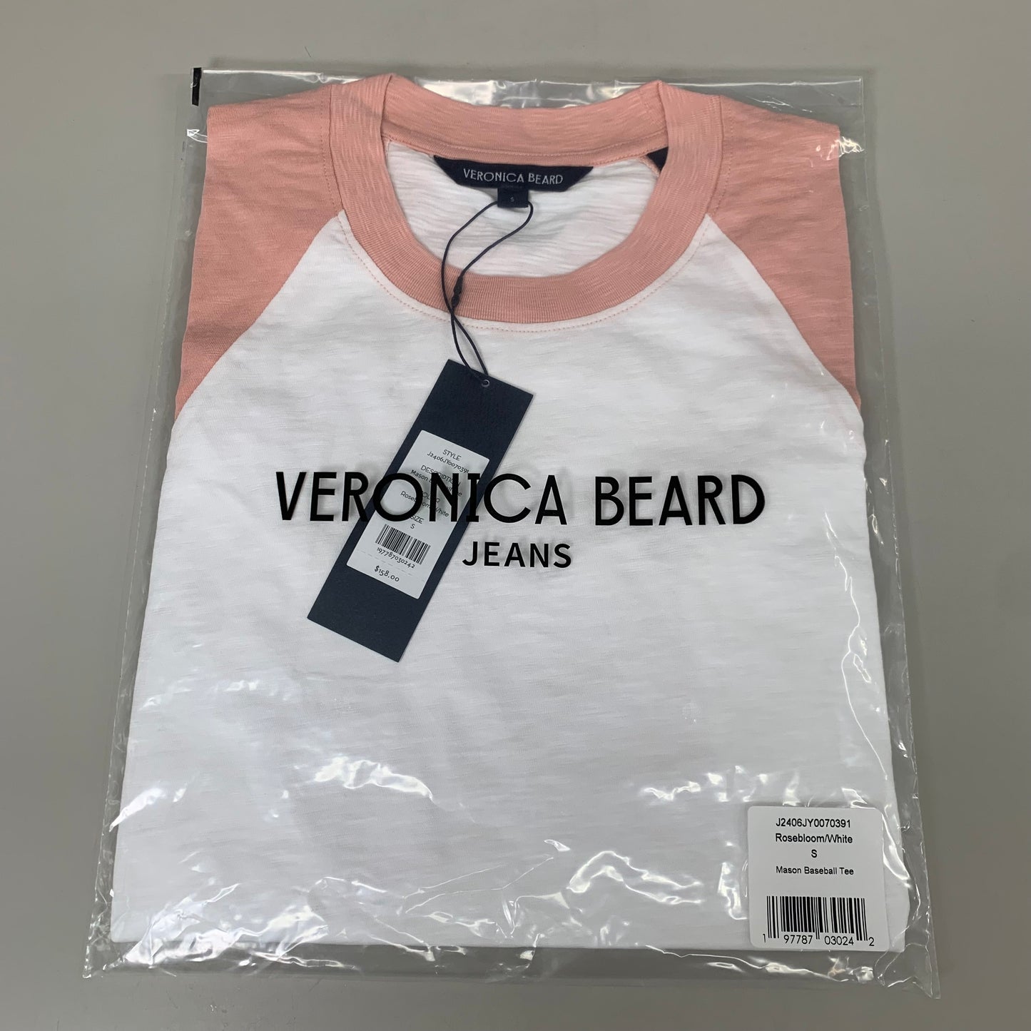 VERONICA BEARD Jeans Women's Mason Baseball Tee Sz-S Rosebloom/White