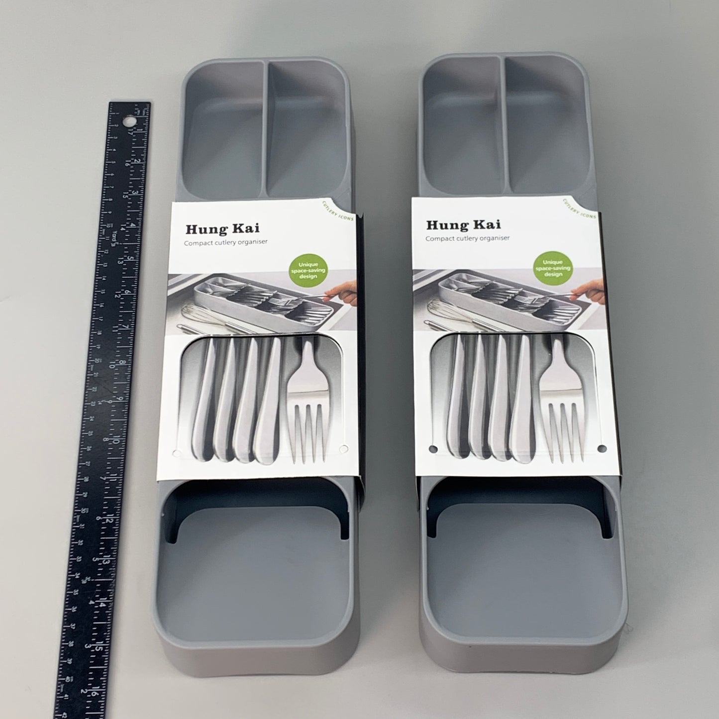 HUNG KAI 2-PACK! Compact Cutlery Organizer Flatware Drawer 15.5"Grey (New)