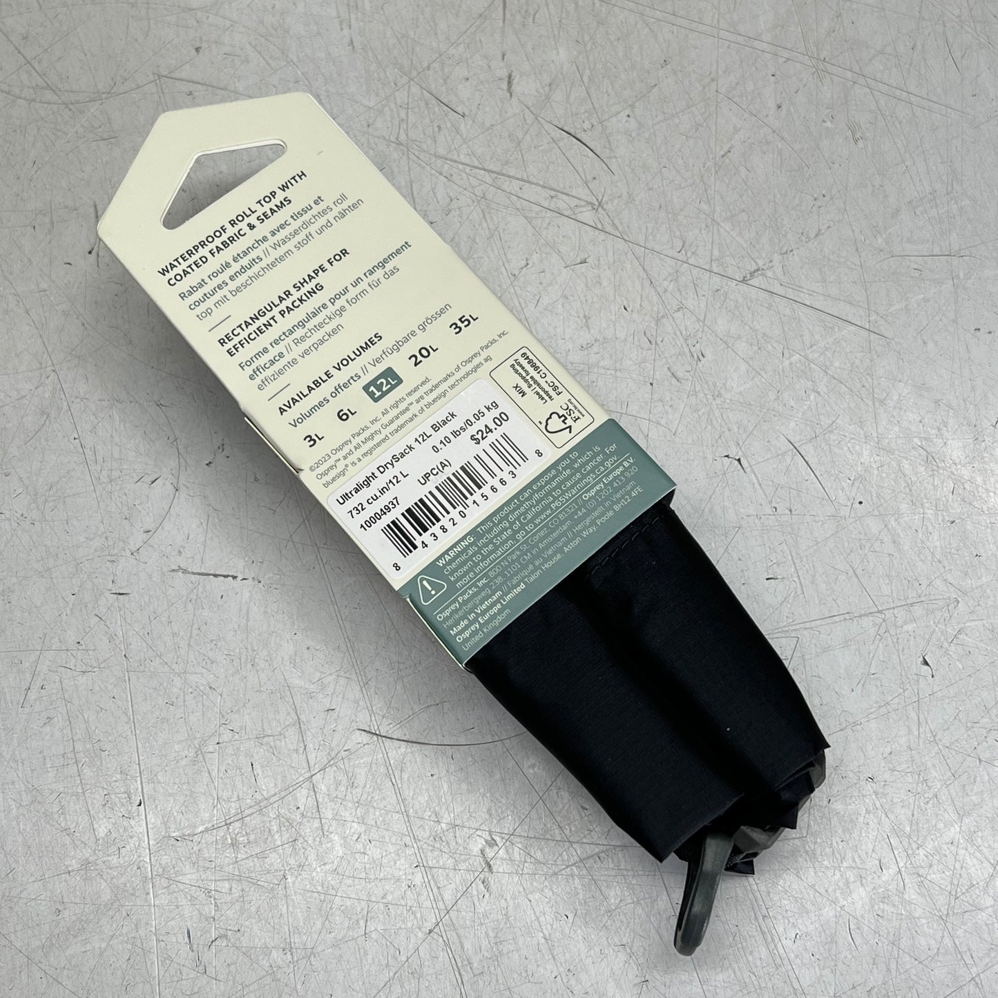 OSPREY Ultralight Dry Sack Roll Top Water Proof Fabric & Seams 12 L Blk 10004937
