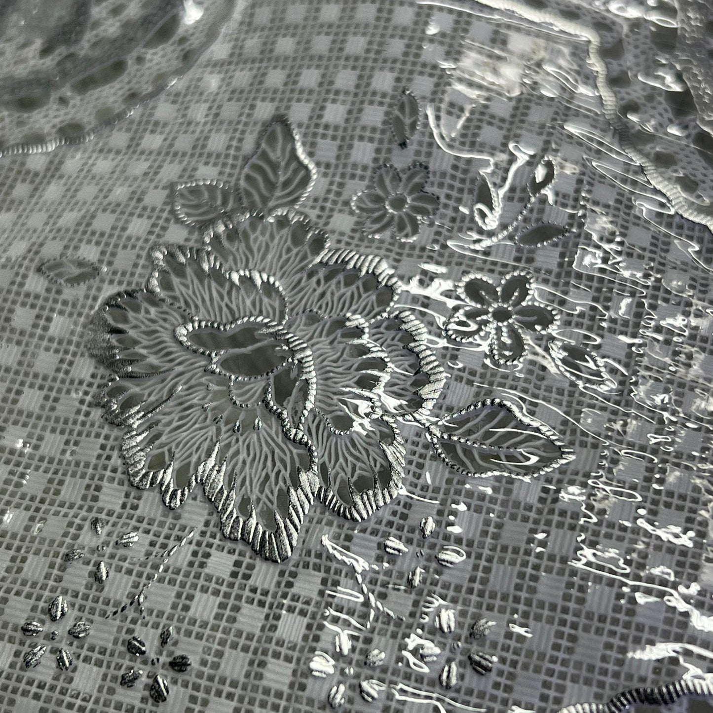 PVC Glossy Lace Dining Tablecloth Roll 54"x60' Silver/White CL-0615B