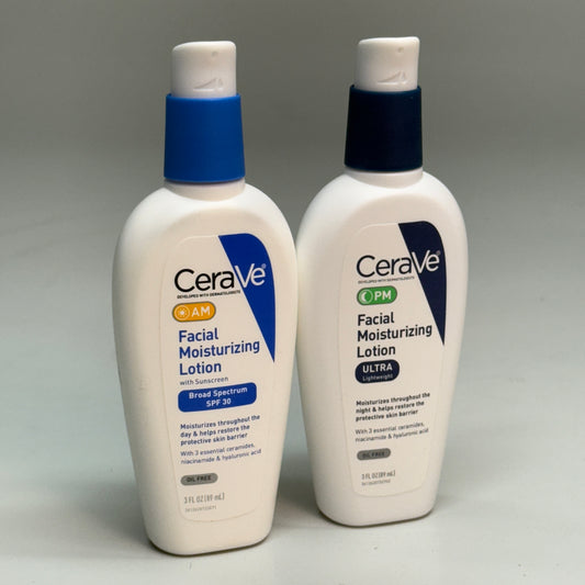 CERAVE (2 PACK, 3 oz Each) AM + PM Facial Moisturizing Lotion w/ SPF 30 BB 01/27