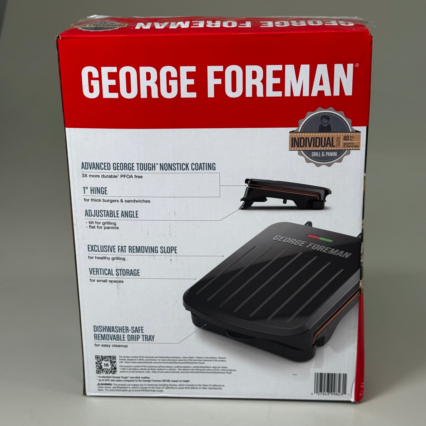 GEORGE FOREMAN Individual Sized Grill & Panini Press 1" Hinge Black GRS040BC AS-IS