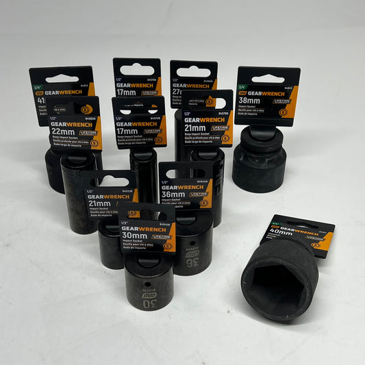 GEAR WRENCH (LOT OF 11) Assorted Impact Sockets in MM 1/2" & 3/4" Assorted Sz  Drives