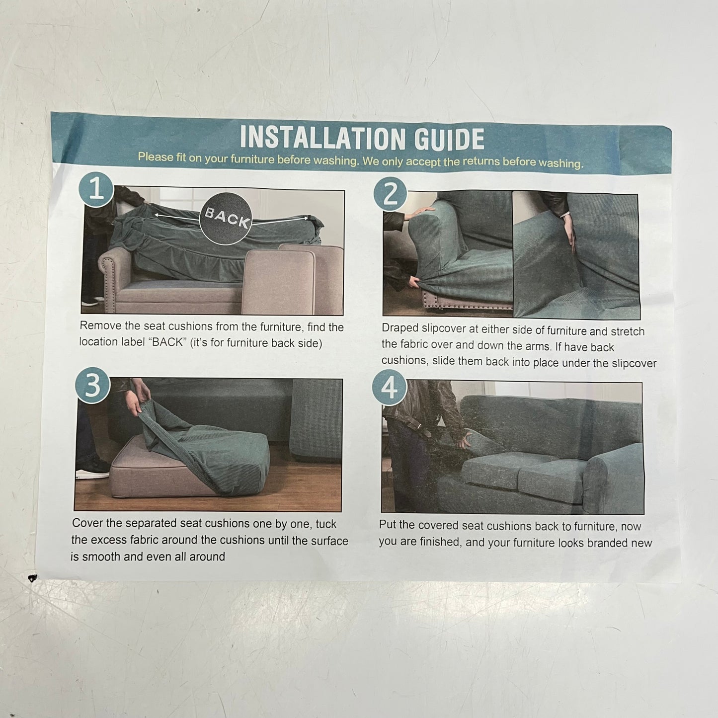 H.VERSAILTEX Velvet 3 Seat Sofa Stretch Cover W/ Arms Washable Creme (New Other)