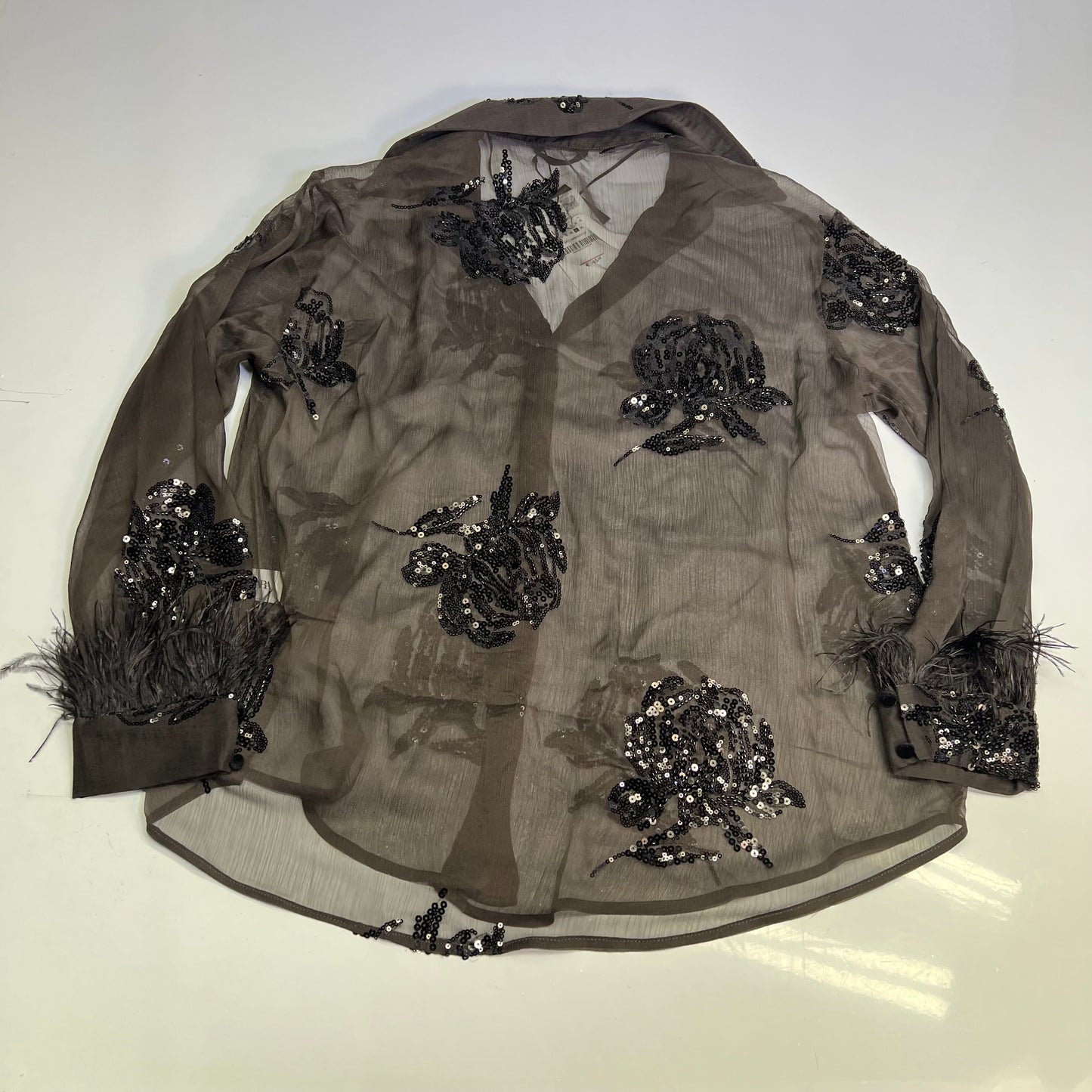 ZARA Button Up Semi-Sheer Sequin Feather Blouse Women's Sz XS Black/Brown