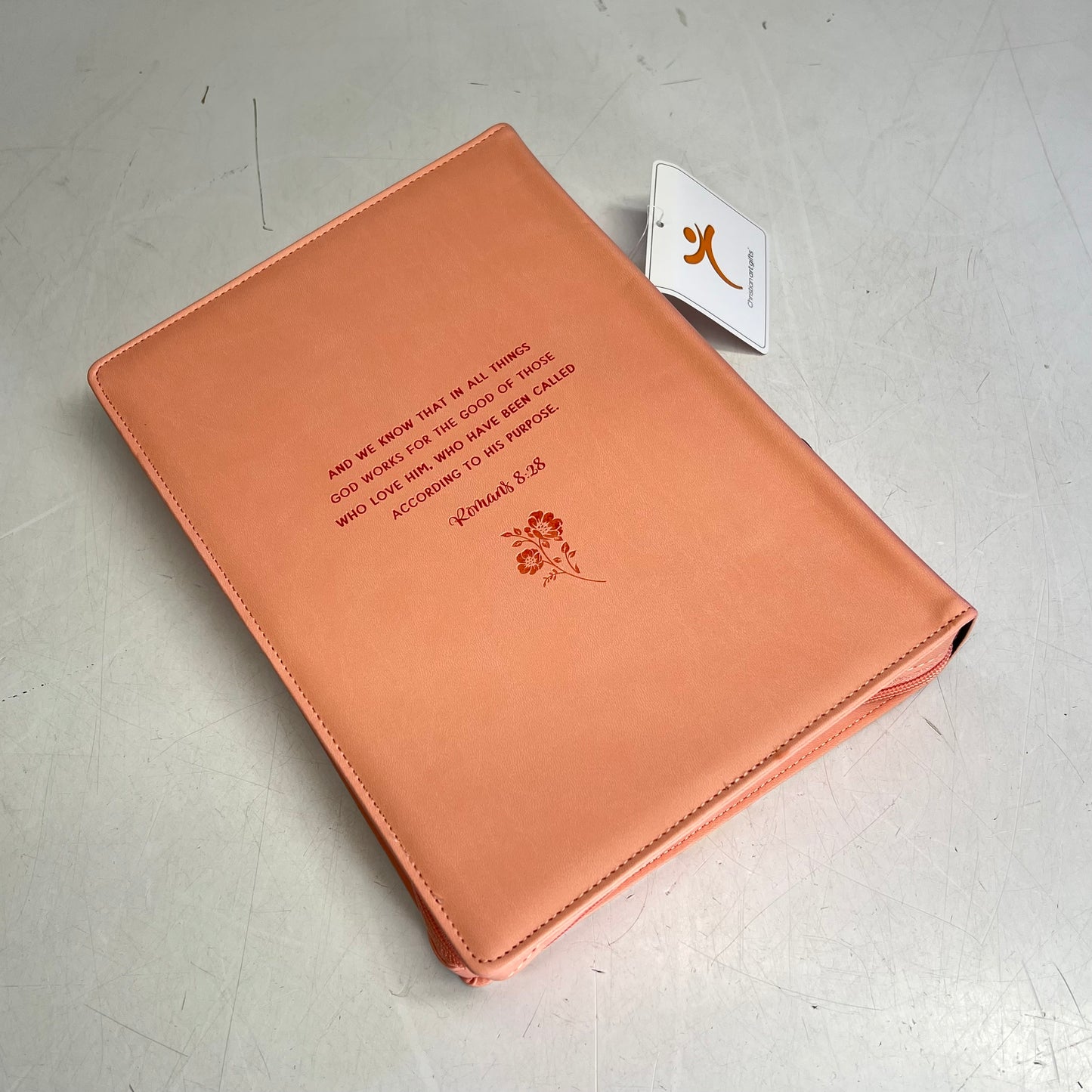 CHRISTIAN ART GIFTS Romans 8:28 Faux Leather Fashion Bible Cover 8"x11' Peach