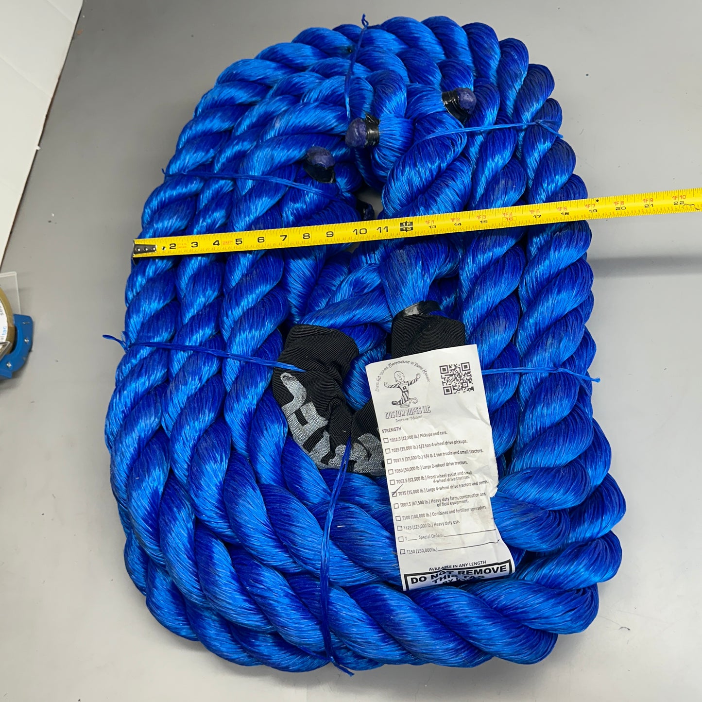 CUSTOM ROPES Tow Rope Large 4-Wheel drive tractors/semis 75,000 lb Cap Blue TO75