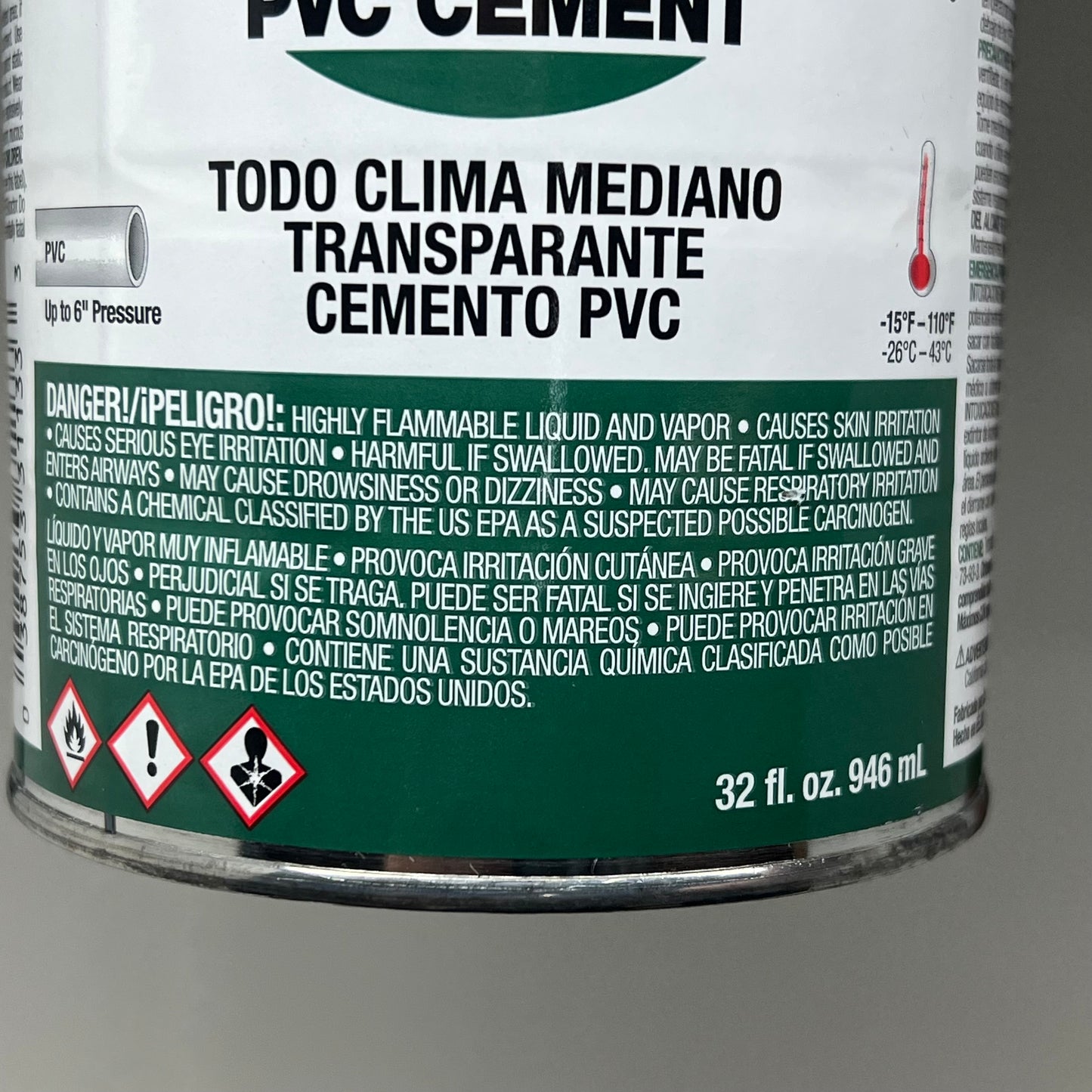 OATEY All Weather Medium Clear PVC Cement Solvent Weld up to 6" Dia 32 fl oz 31133