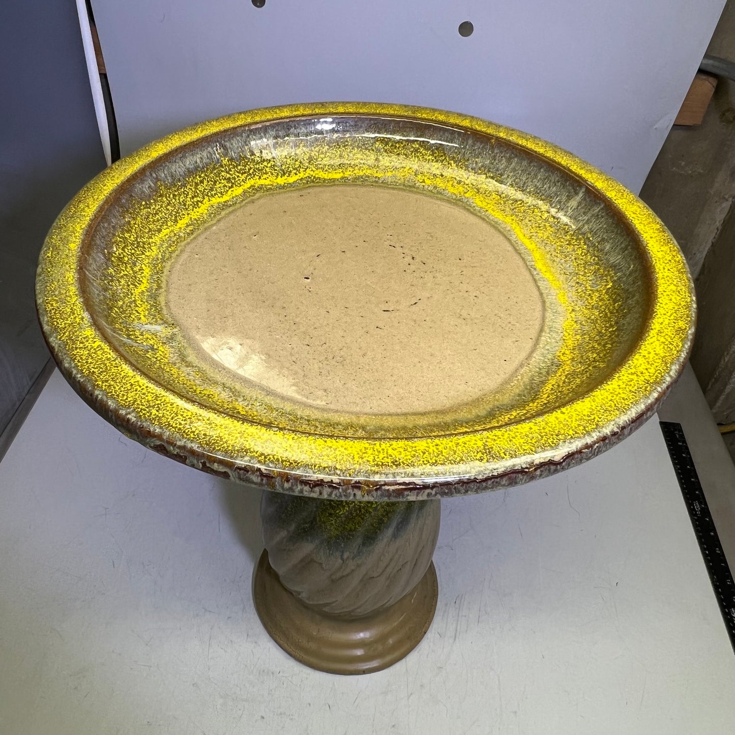 ZA@ Glazed Pottery 2 Piece Swirl Stand Bird Bath 22" L x 20" Dia Bright Yellow/Taupe