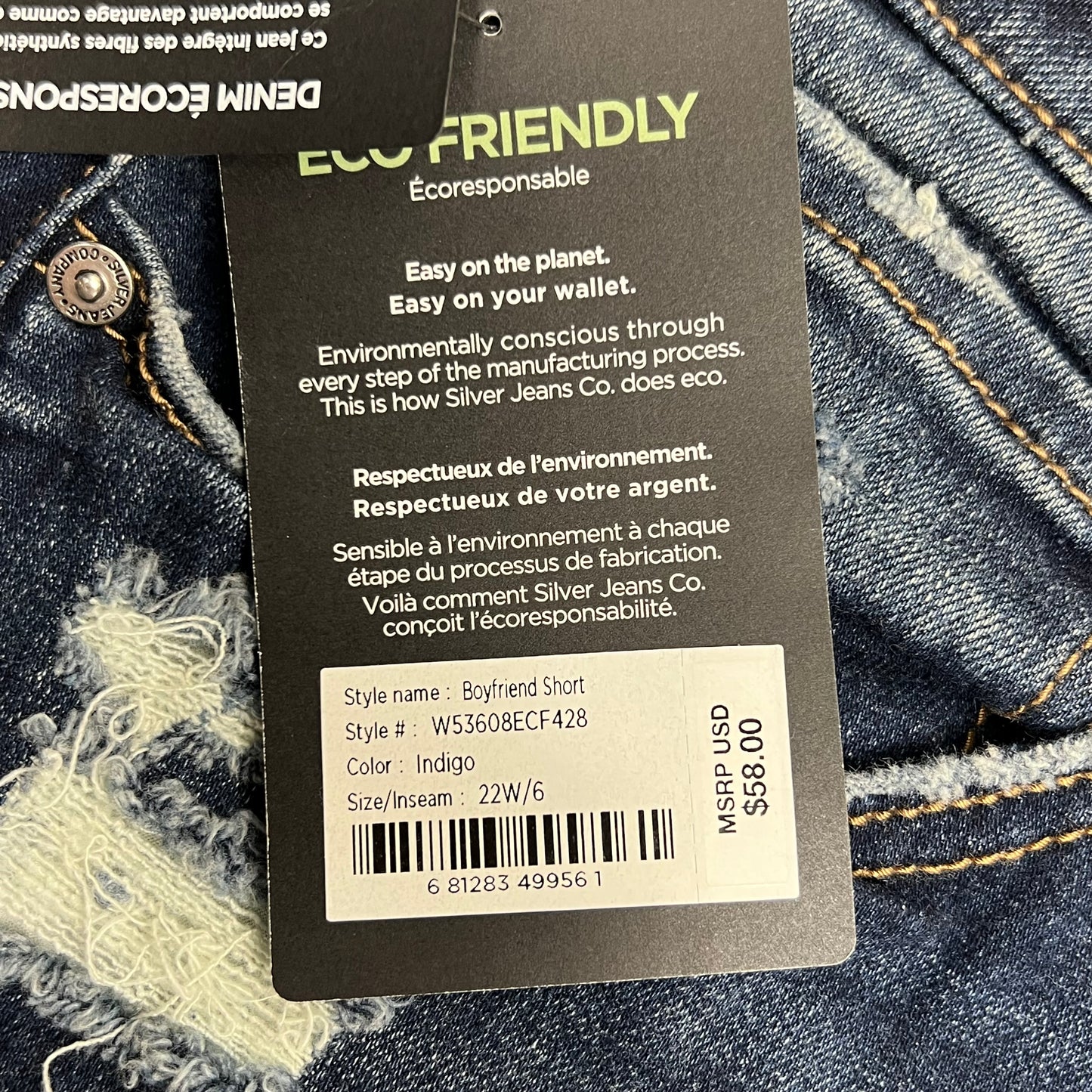 SILVER JEANS CO. Boyfriend Mid Rise Short Women's Sz 22W/6 Indigo W53608ECF428