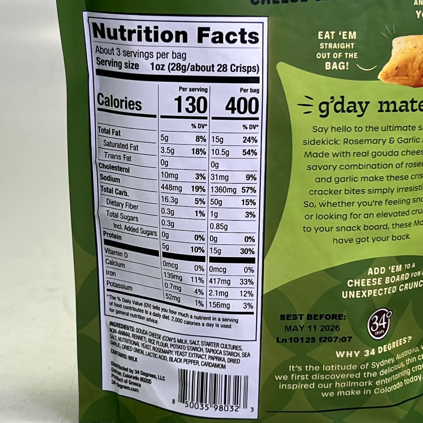 34 DEGREES (4 PACK) Mates Rosemary & Garlic Cheese Crisps 3 oz BB 05/26