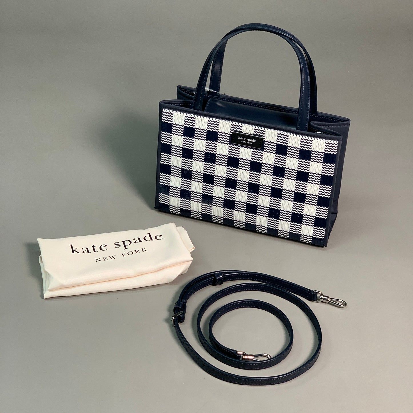 KATE SPADE Sam Icon Gingham Sequin Small Tote Blazer Blue Style No. KB162 (New)