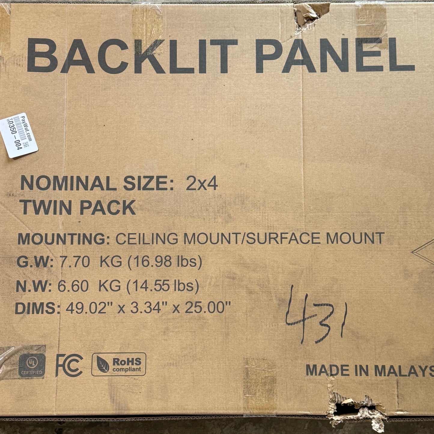 PEACHTREE (2 Pcs) Backlit LED Panel Ceiling Light Sz 49.02" x 3.34" x 25" White