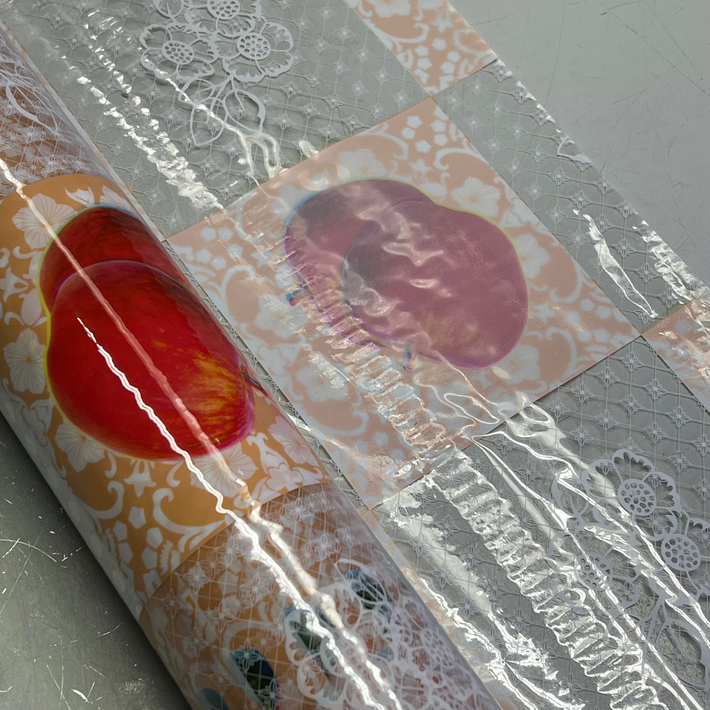 PVC Glossy Faux Lace Patchwork Fruit Dining Tablecloth Roll 54"x60' White/Orange