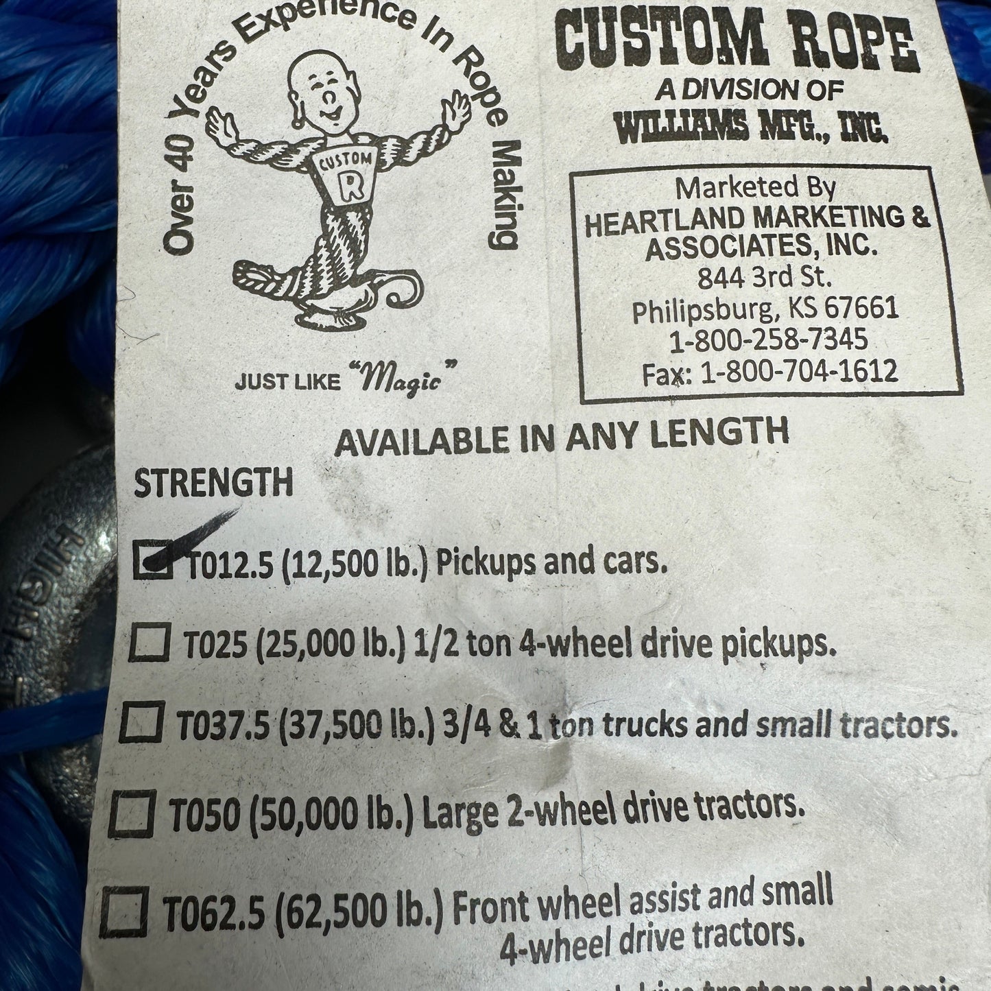 CUSTOM ROPES Tow Rope Pickups and Cars 12,500 lb Capacity Blue TO12.5