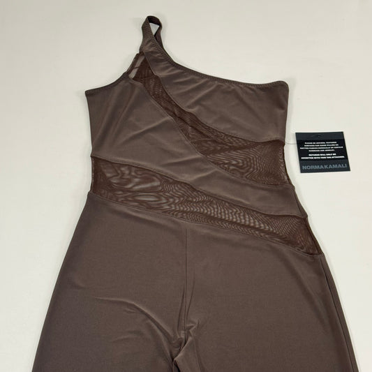 NORMA KAMALI One Shoulder Snake Mesh Catsuit Footsie Women's Sz XL/42 Chocolate