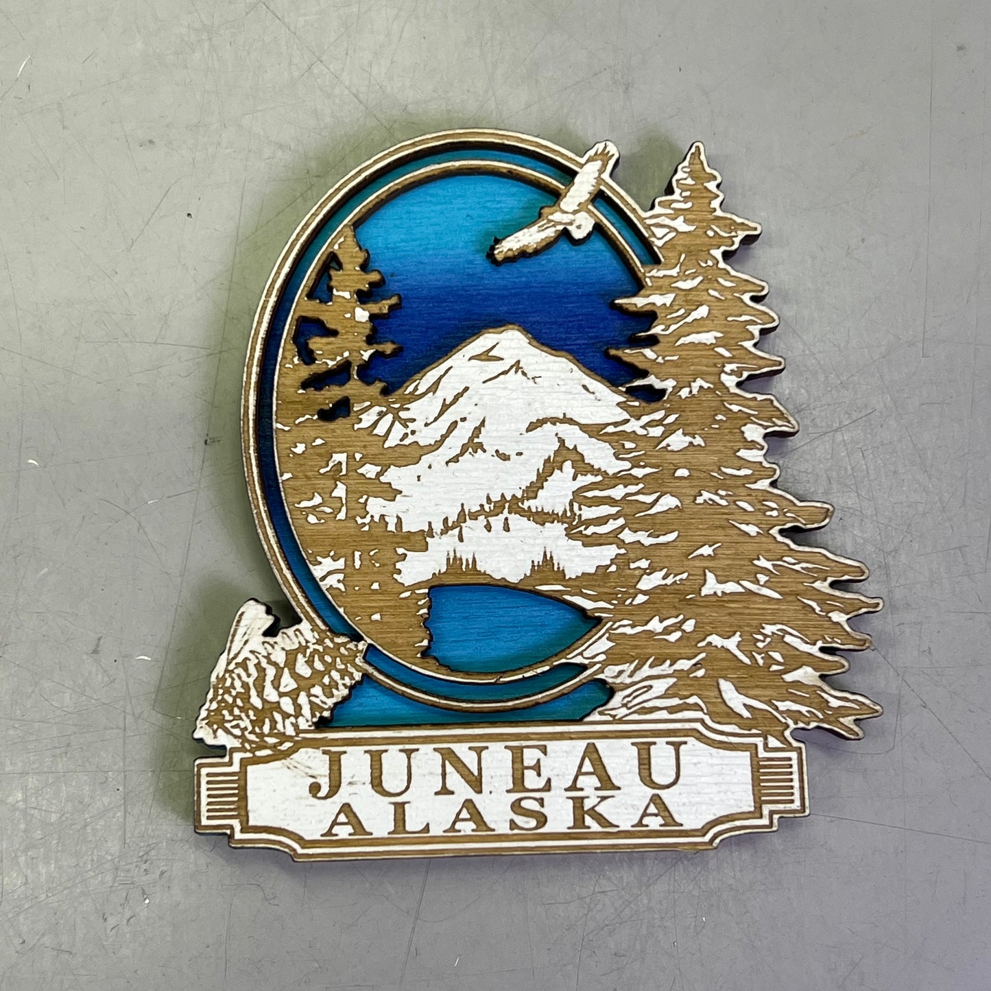(2 PACK) Eagle in Mountains Laser Cut Wood Magnet Souvenir JUNEAU,AK Made In USA