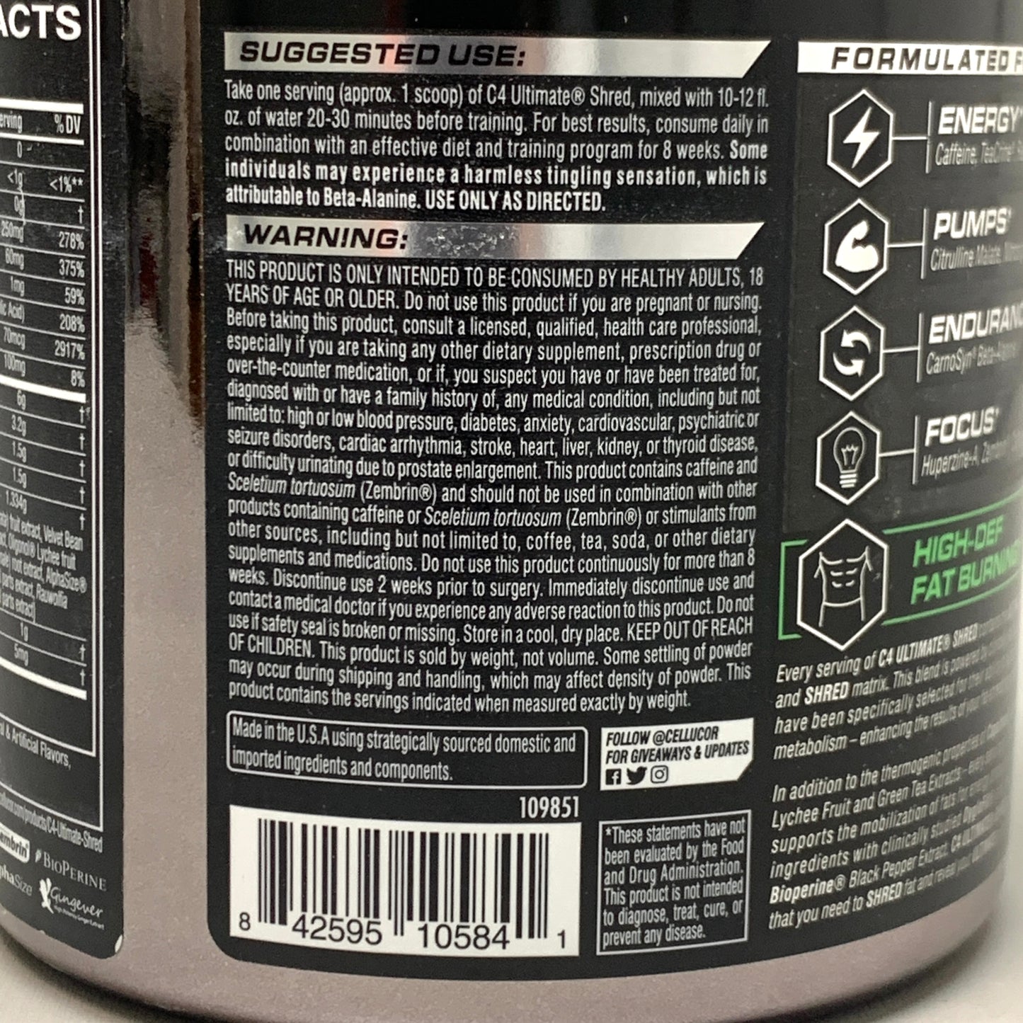 CELLUCOR C4 Ultimate Shred Strawberry Watermelon Dietary Supplement 12.3 oz. 350g (New)