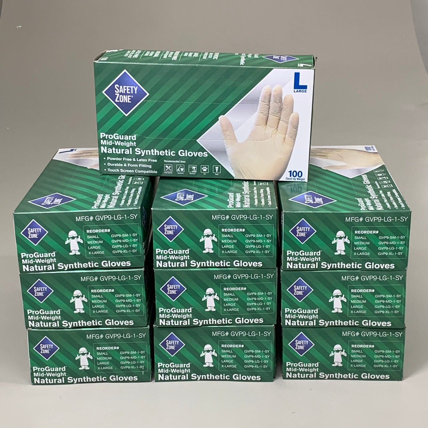 ZA@ SAFTY ZONE (10 BOXES, 1000 GLOVES TOTAL) Pro Guard Mid-Weight Natural Synthetic Gloves Sz L GVP9-LG-1-SY C