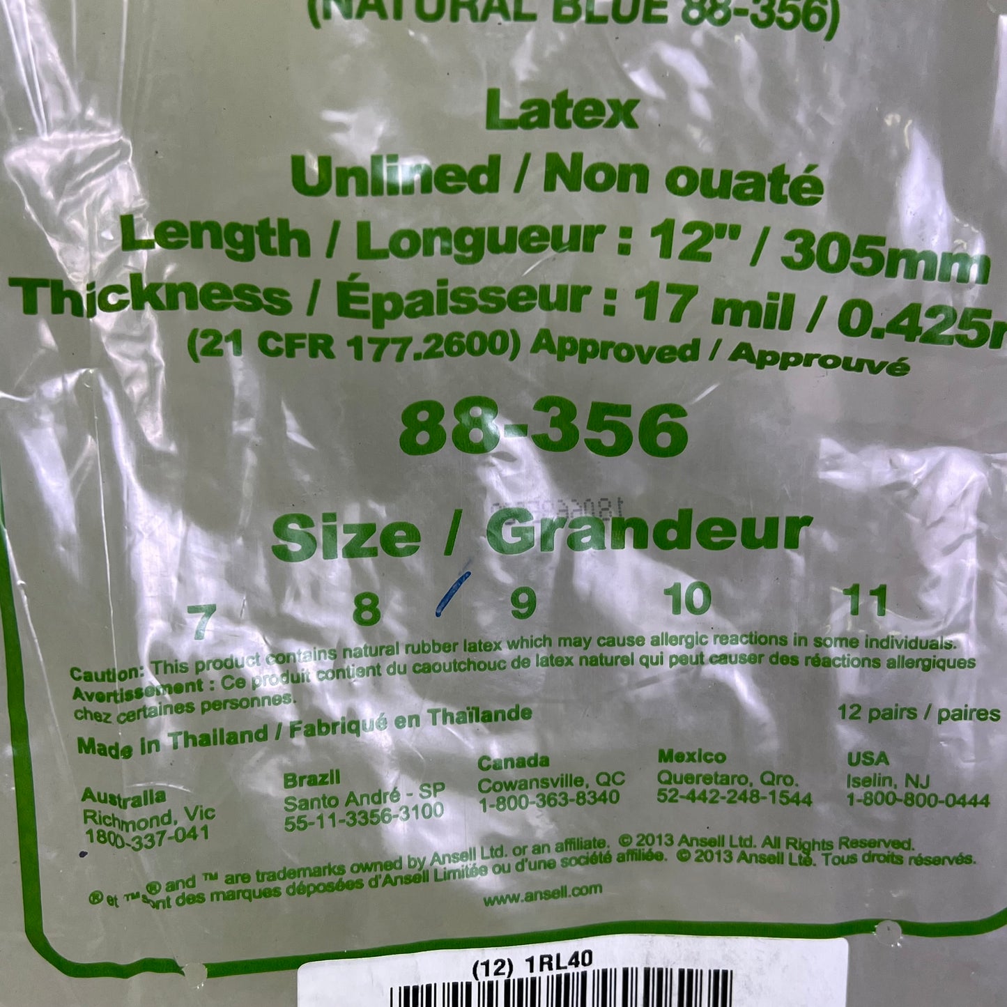 ANSELL (12 PACK) AlphaTec Natural Rubber Latex Unlined Gloves Sz 8 Blue 88-356