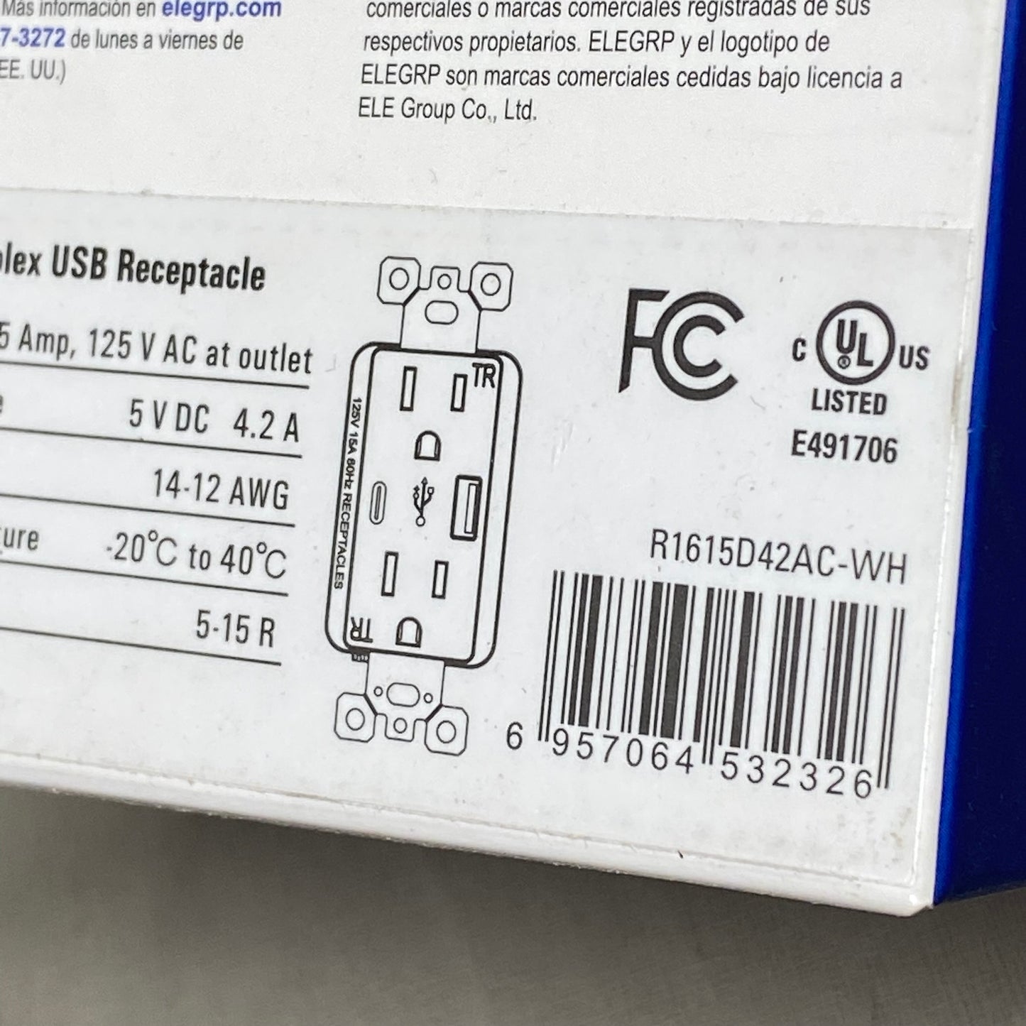 ELEGRP High Speed Duplex USB Receptacle 4.57"x1.93"x2.8" White R1615D42AC-WH