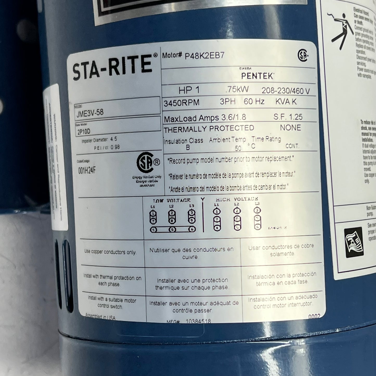 STA-RITE J Series Medium Head Centrifugal Pump 1 HP, 208-230/460V JME3V-58