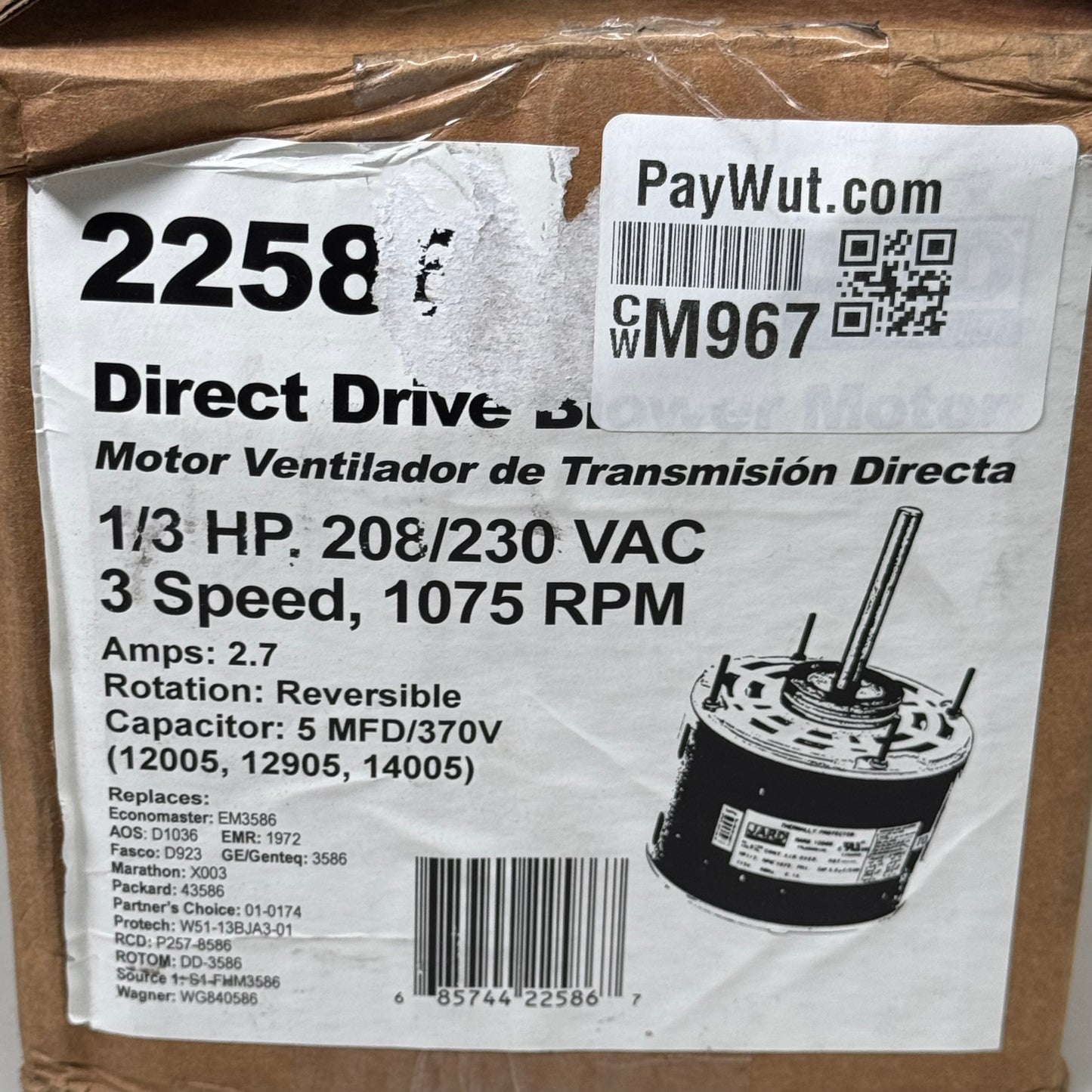 JARD Direct Drive Blower Motor 3 speed 1075 RPM 22586