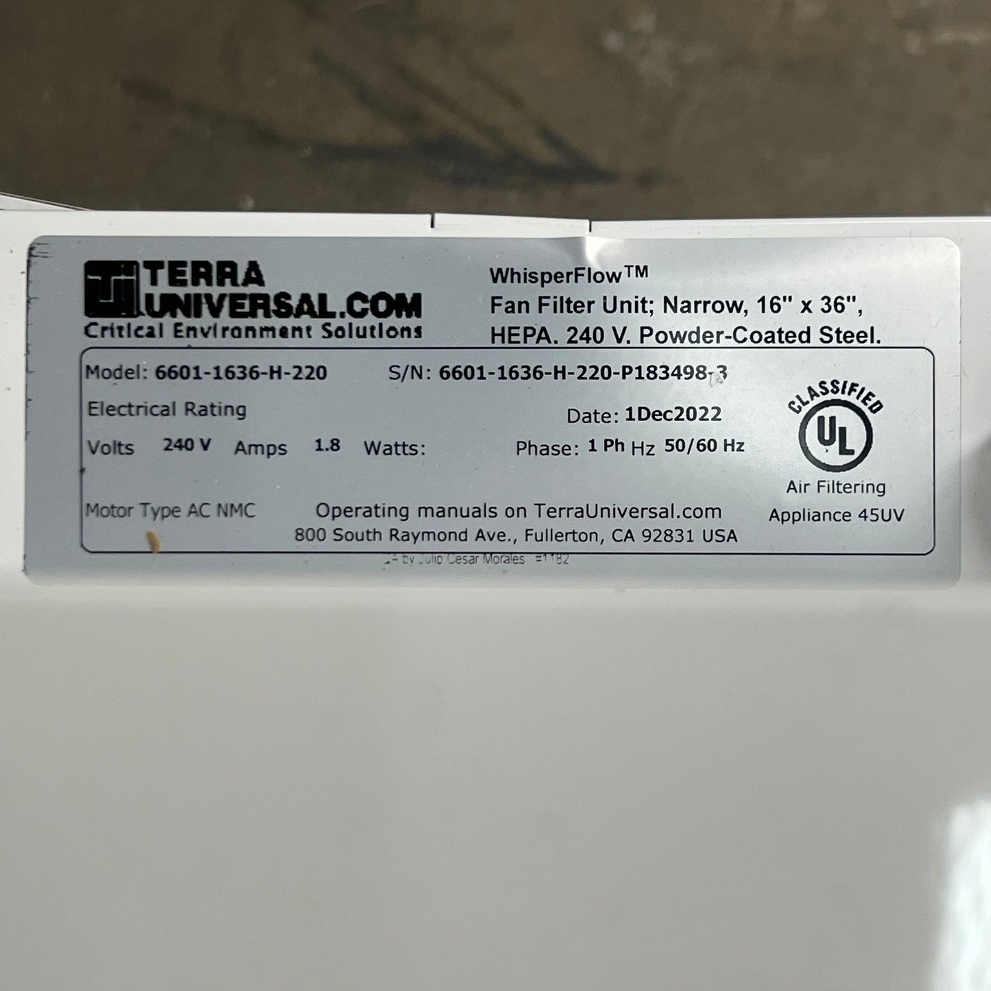 ZHB@ TERRA UNIVERSAL Whisper Flow Filtration System HEPA 240V 16"x36" White 6601-1636-H-220-P183498-3