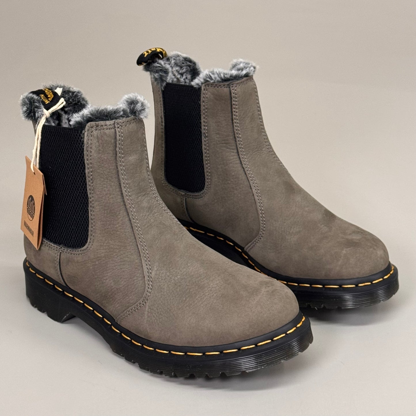 DR MARTENS Leonore Faux Fur-Lined Suede & Nubuck Leather Boots SZ 10 Nickel Grey