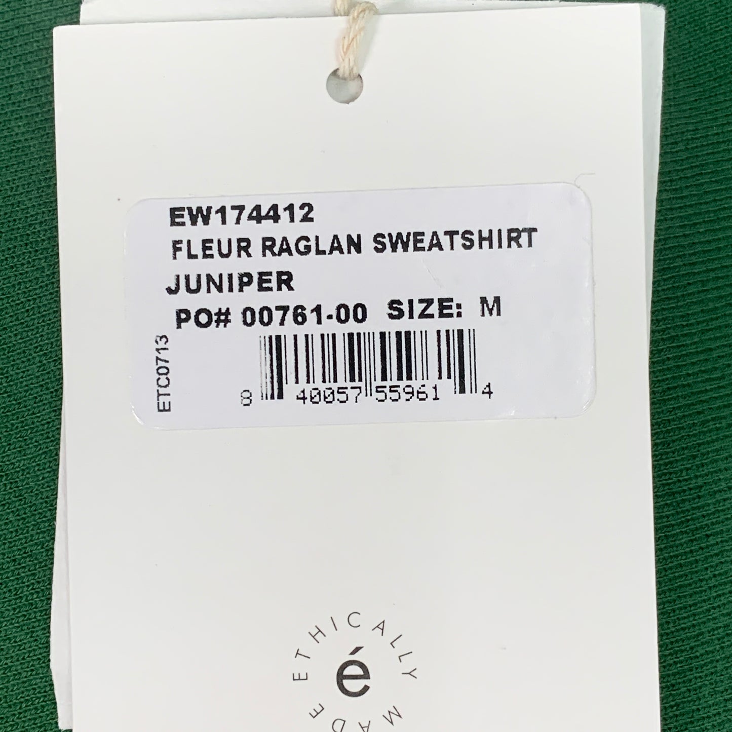 ETICA Fleur Raglan Sweat Top W/ Pintuck Sleeve Juniper Size Medium EW174412