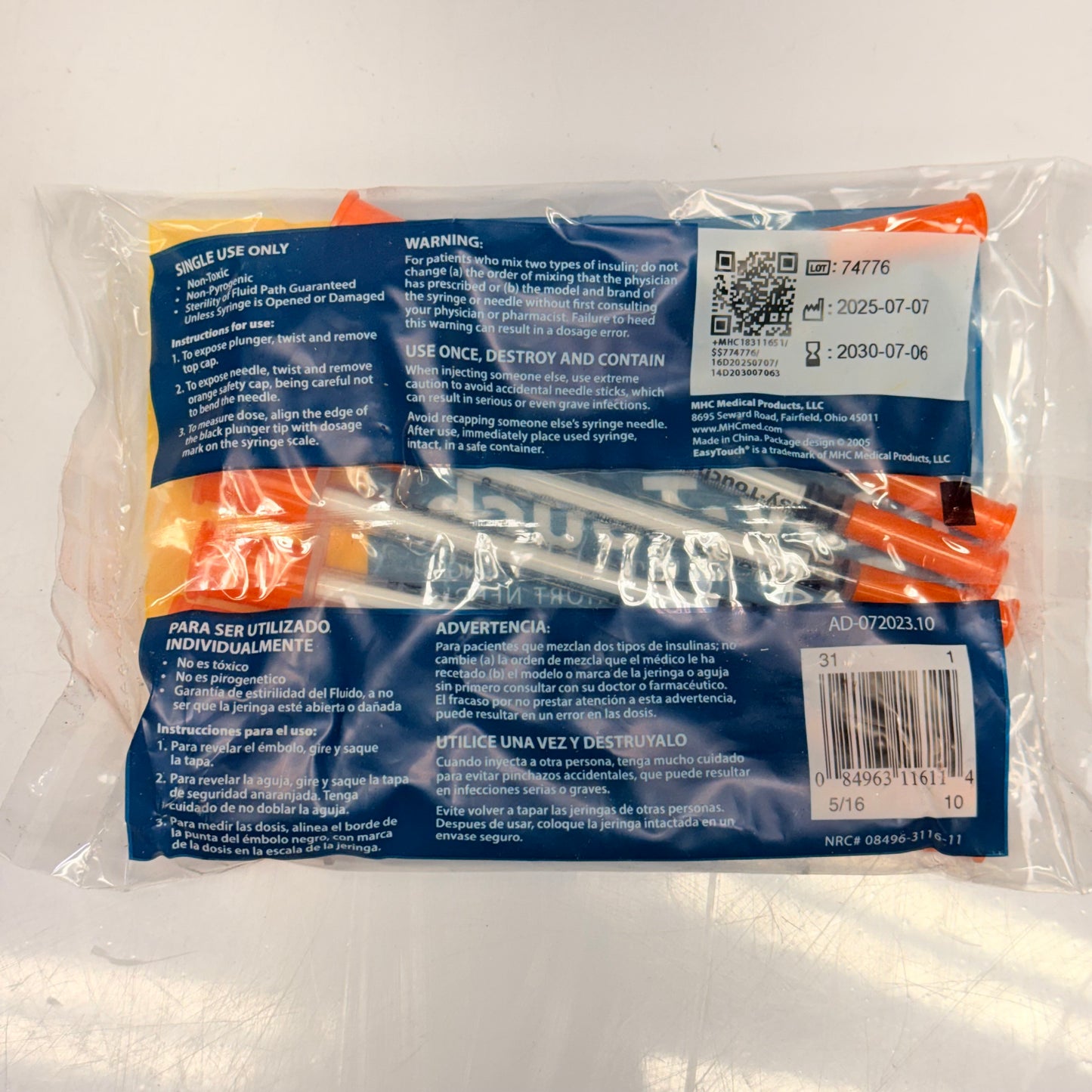 EASY TOUCH (100 PACK) U-100 Insulin Syringes 31 Gauge 1ml CC 5/16" 831165 (New Other)