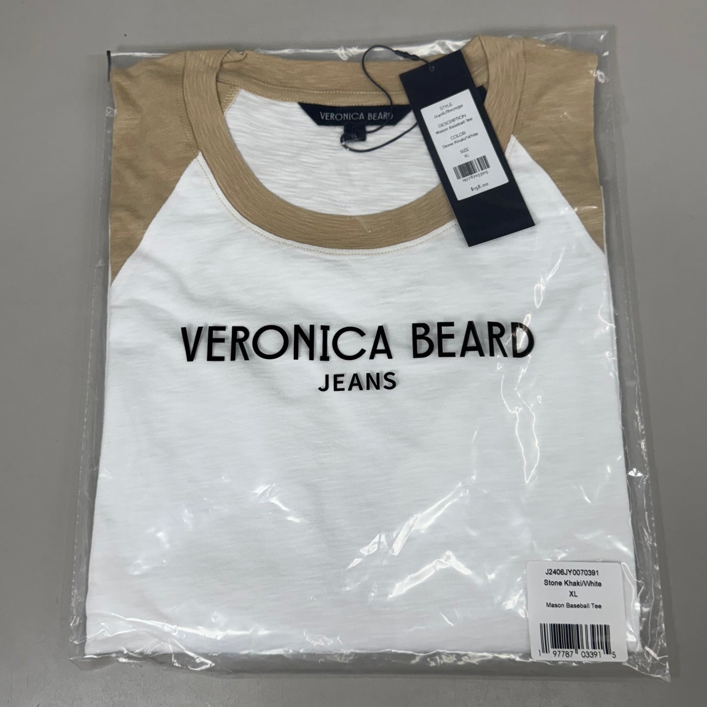 VERONICA BEARD Jeans Women's Mason Baseball Tee Sz-XL Stone Khaki/White