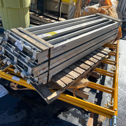 ZA@ 3 Pallets of BIL-JAX With Scaffolding Parts, 7ft. L x 19 in.W Scaffolding platform Alluminum, ladde frame, Lev Extension 0034-093, Gate access For open end frame 0012-368, 4 Wheels (AS-IS, New other)