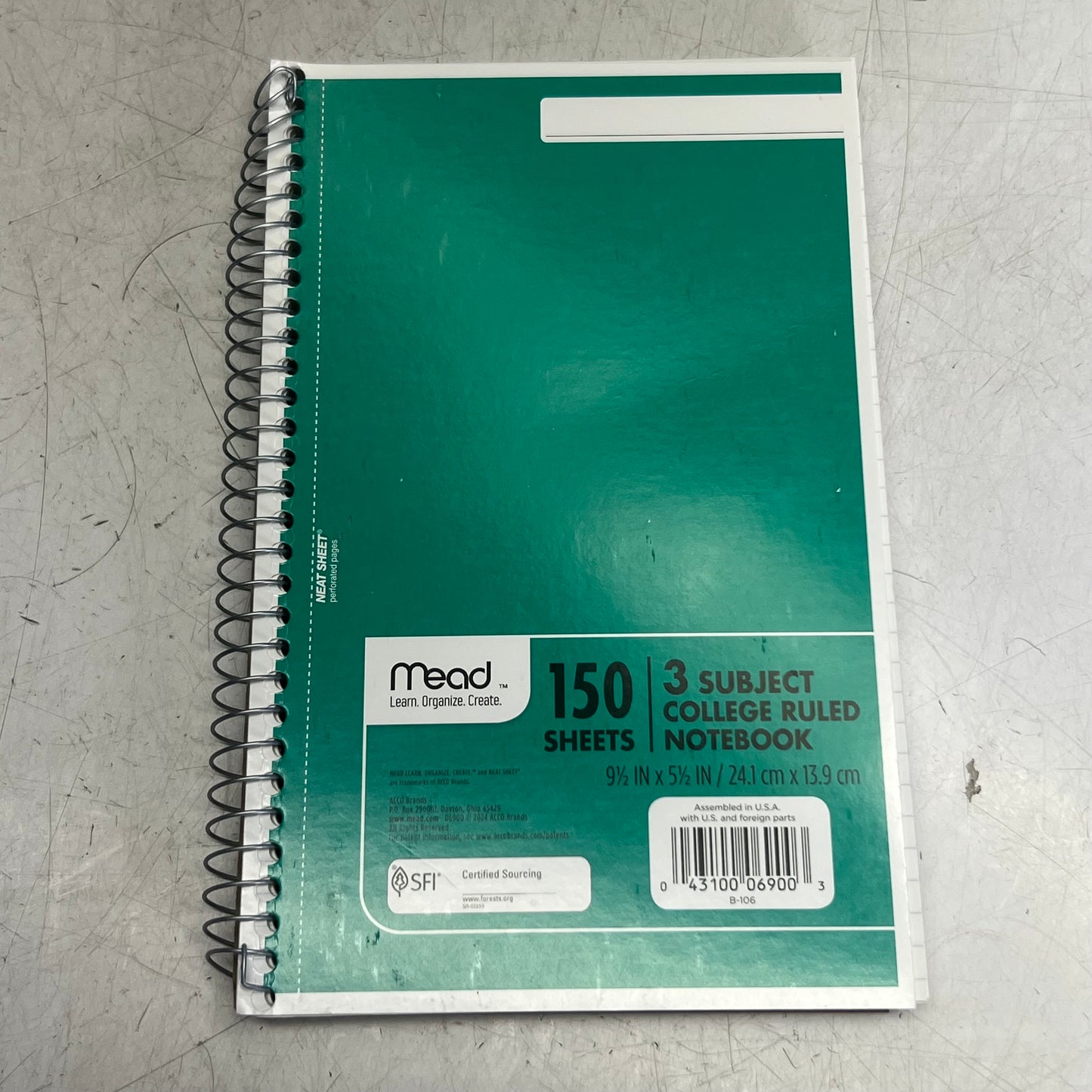 MEAD (4 PACK) 150 Sheets 3 Subject College Ruled Notebook 9 1/2" x 5 1/2" 06900