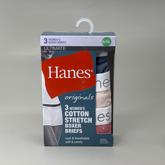 HANES 3 PACK!! Originals Women's Breathable Cotton Boxer Briefs Underwear Sz XL Blue/Buff/Pink 45OUBB