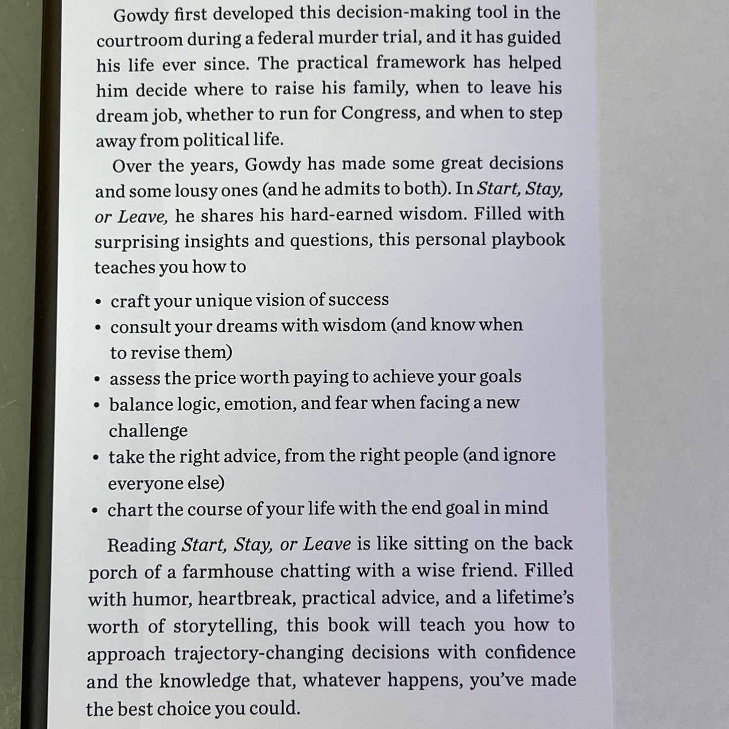 START, STAY, OR LEAVE The Art Of Decision Making By Trey Gowdy Hardback Book