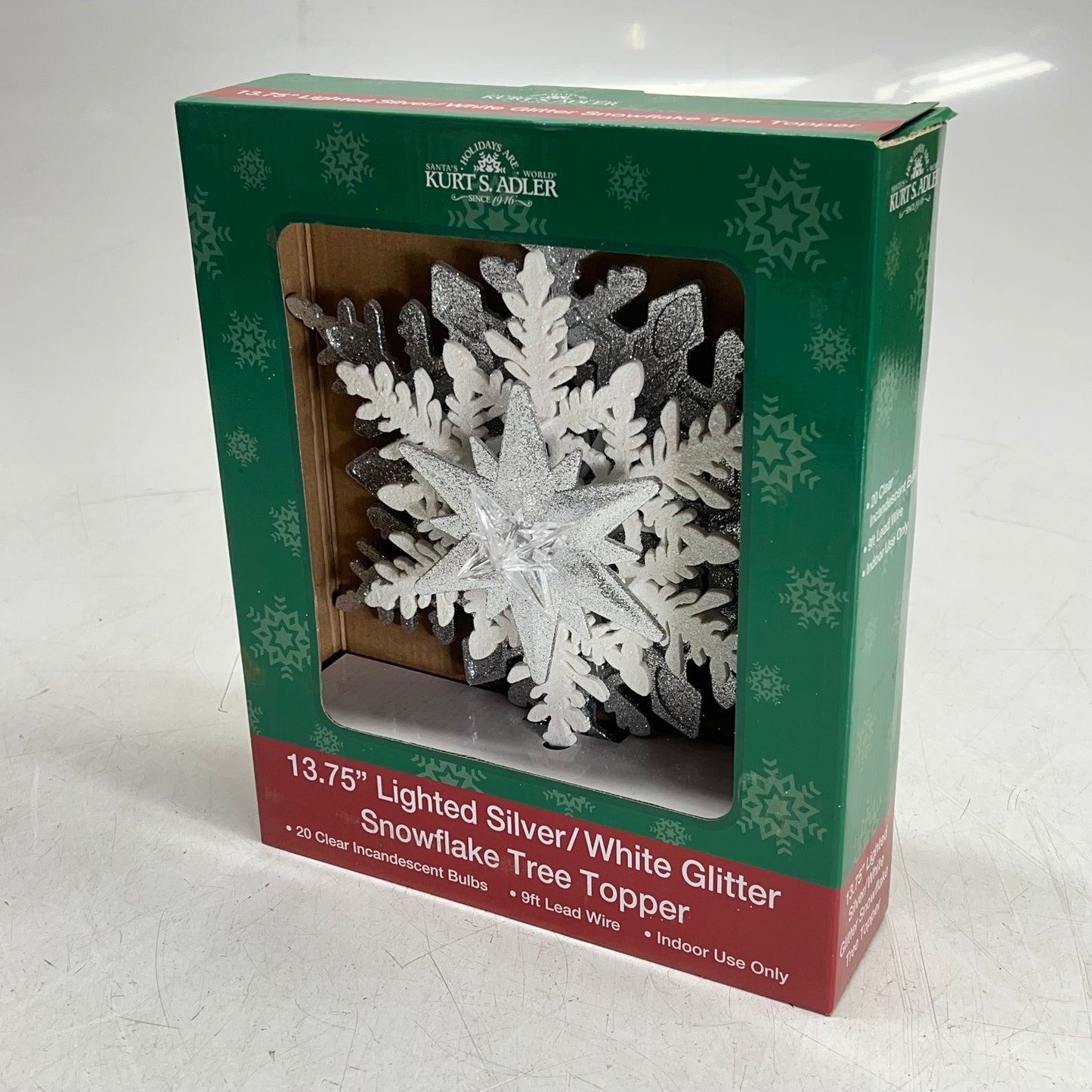 KURT S ADLER Glittered Snowflake Tree Topper Christmas Decor Silver/White UL2319