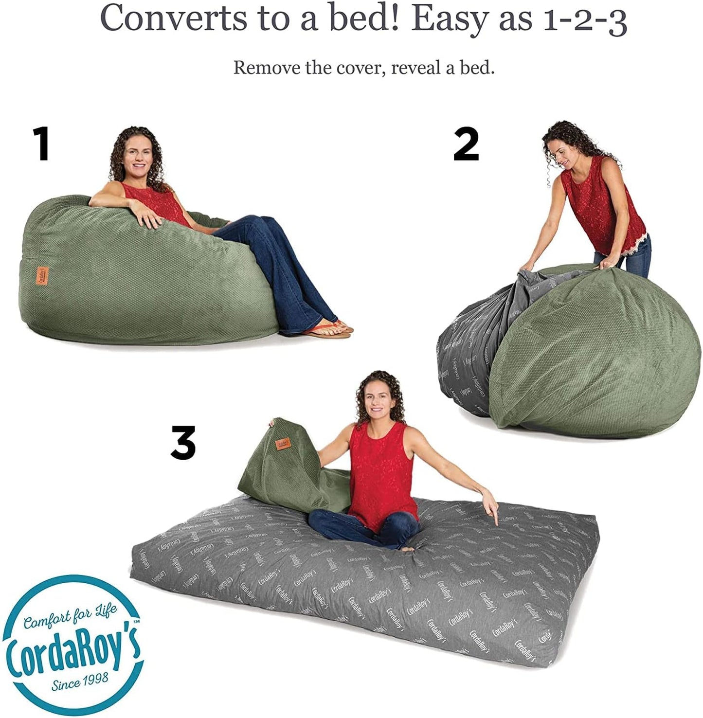 CORDAROY'S Bean Bag Chair CONVERTS TO A BED) w/ Chenille Queen Moss Green Cover