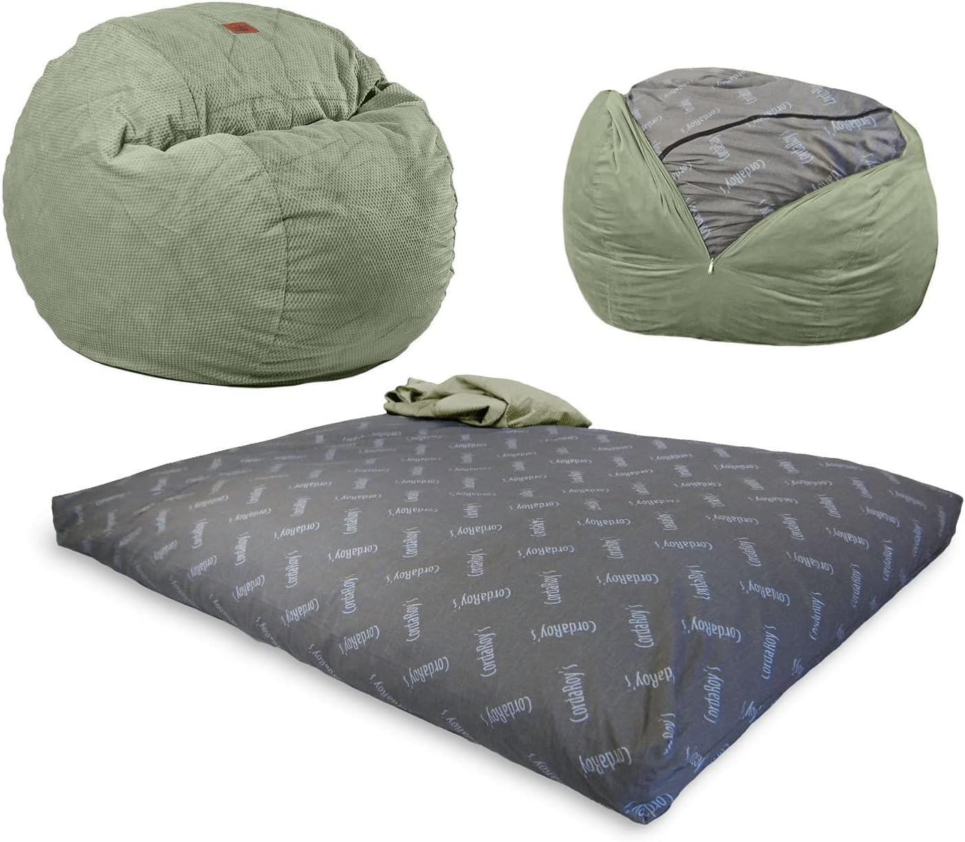 CORDAROY'S Bean Bag Chair CONVERTS TO A BED) w/ Chenille Queen Moss Green Cover