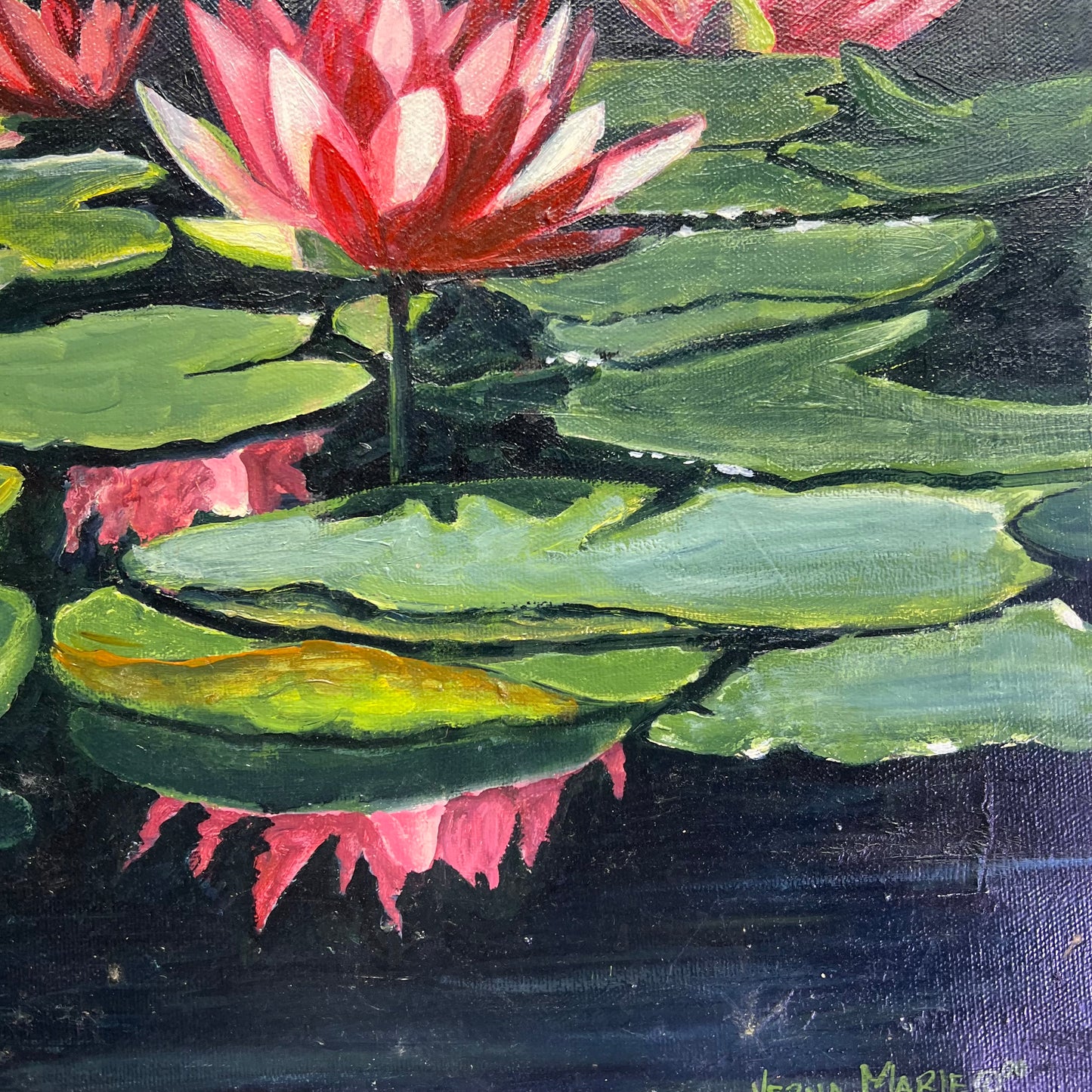 VERNA MARIE (CAMPBELL) Textured Oil Painting On Canvas Lotus Pond 18"x14"