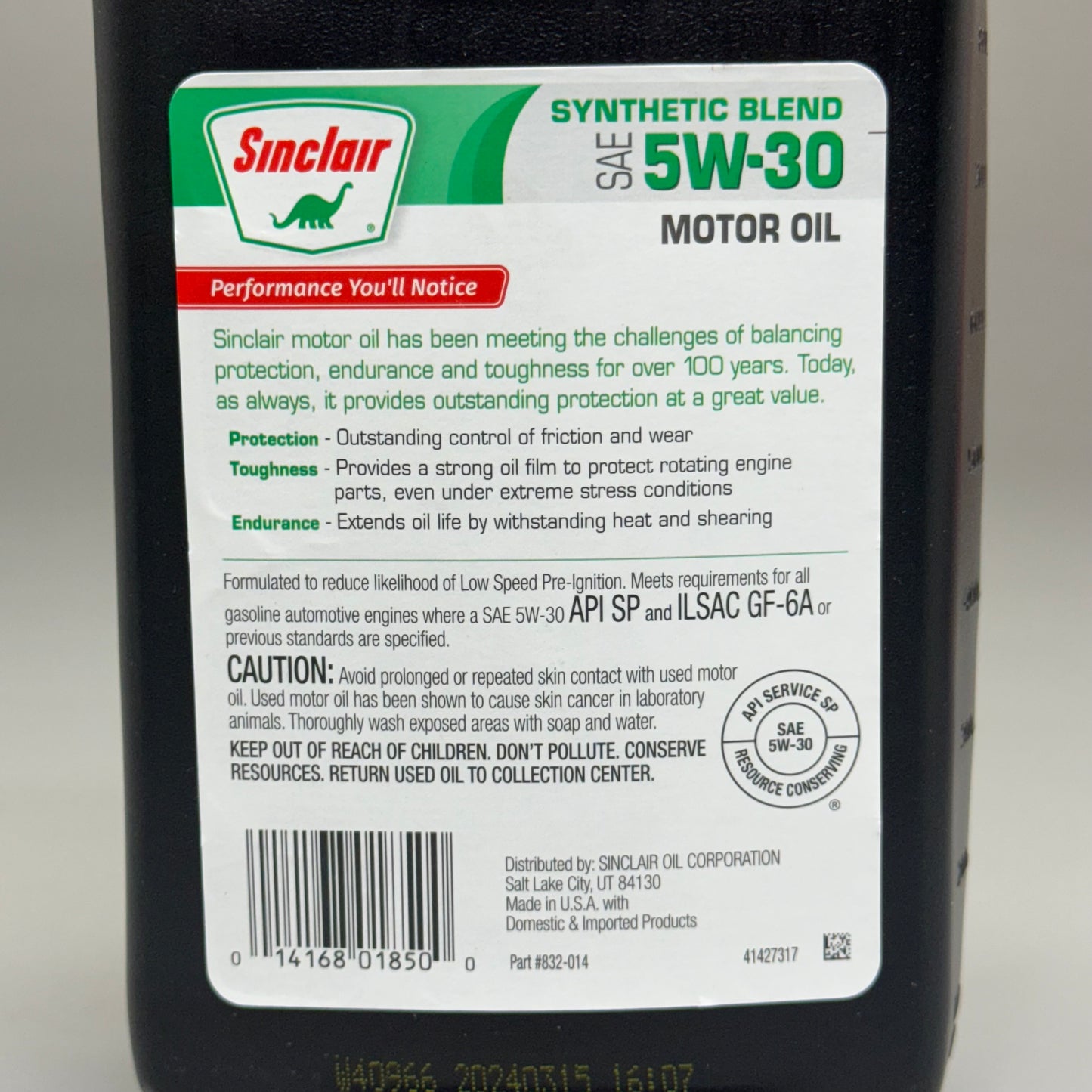 SINCLAIR (6 PACK) Synthetic Blend SAE 5W-30 1QT 9” x 4” x 2” (New, No Box)