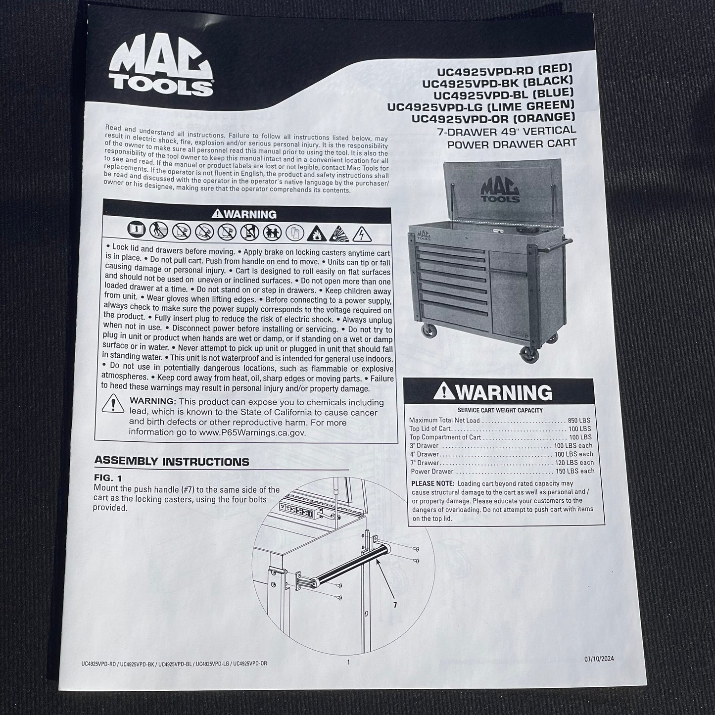 MAC TOOLS Vertical Power 7 Drawer Drop Top Cart 49” Blue UC4925VPD-BL