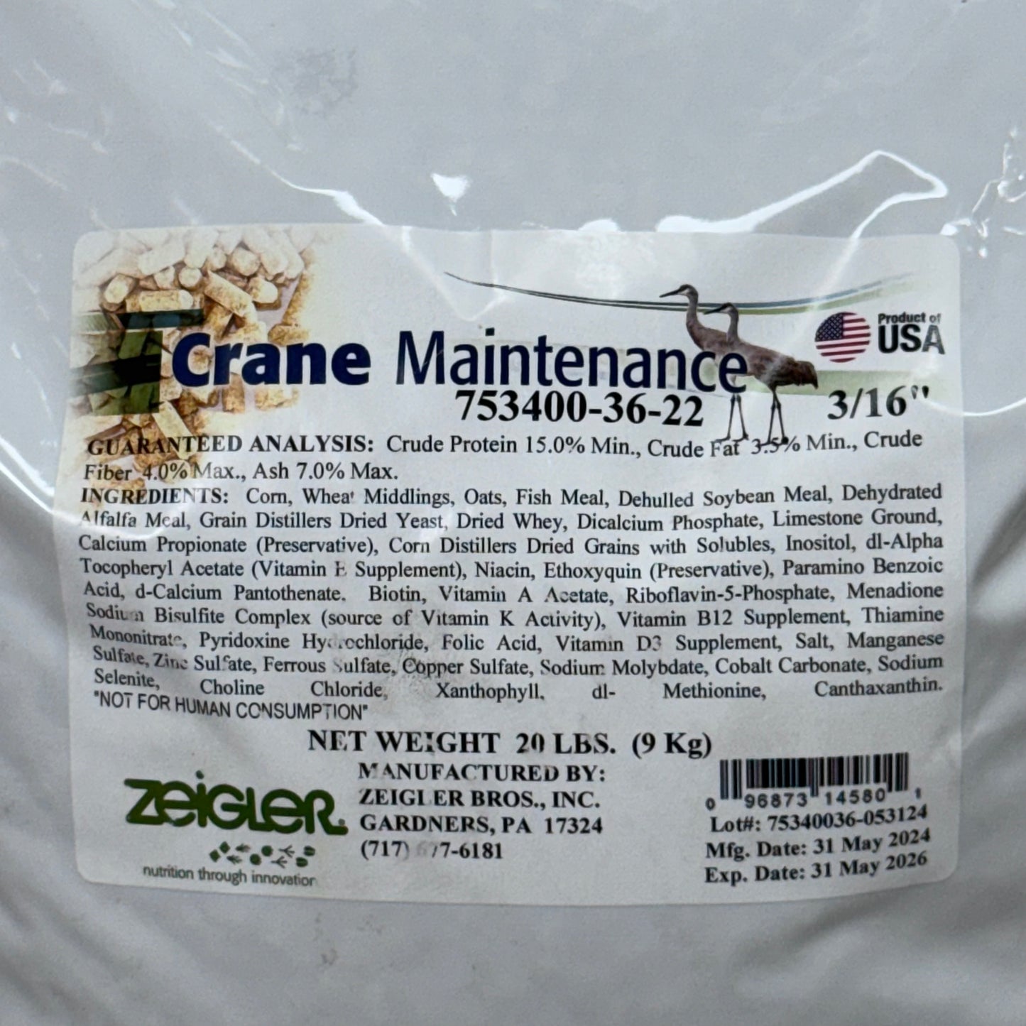 ZEIGLER (20 POUNDS) Crane Maintenance Feed by Avian Nutritionists 753400-36-22