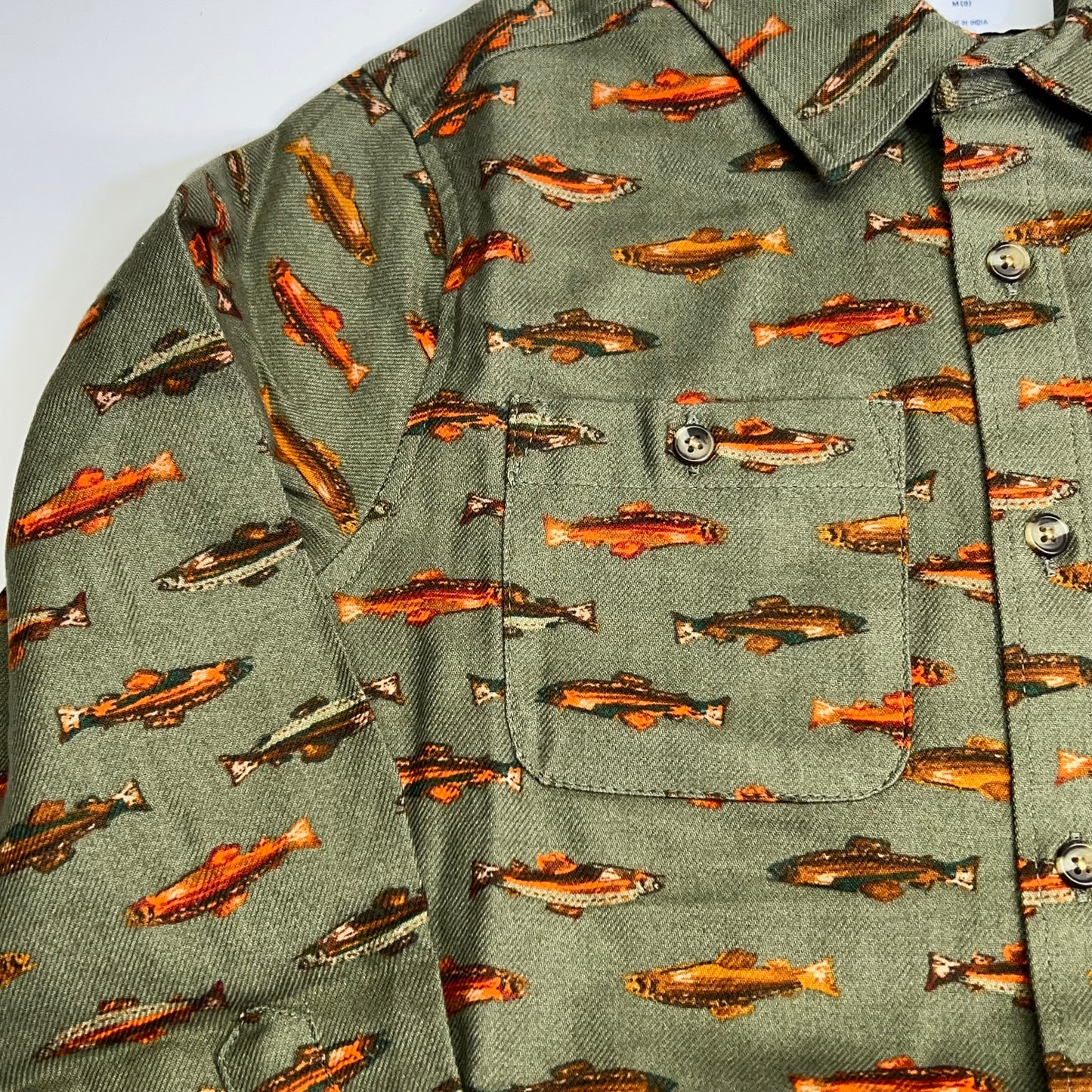 OLD NAVY Printed Fish Pattern Long Sleeve Fennel Pocket Shirt Boy's Sz XS Green